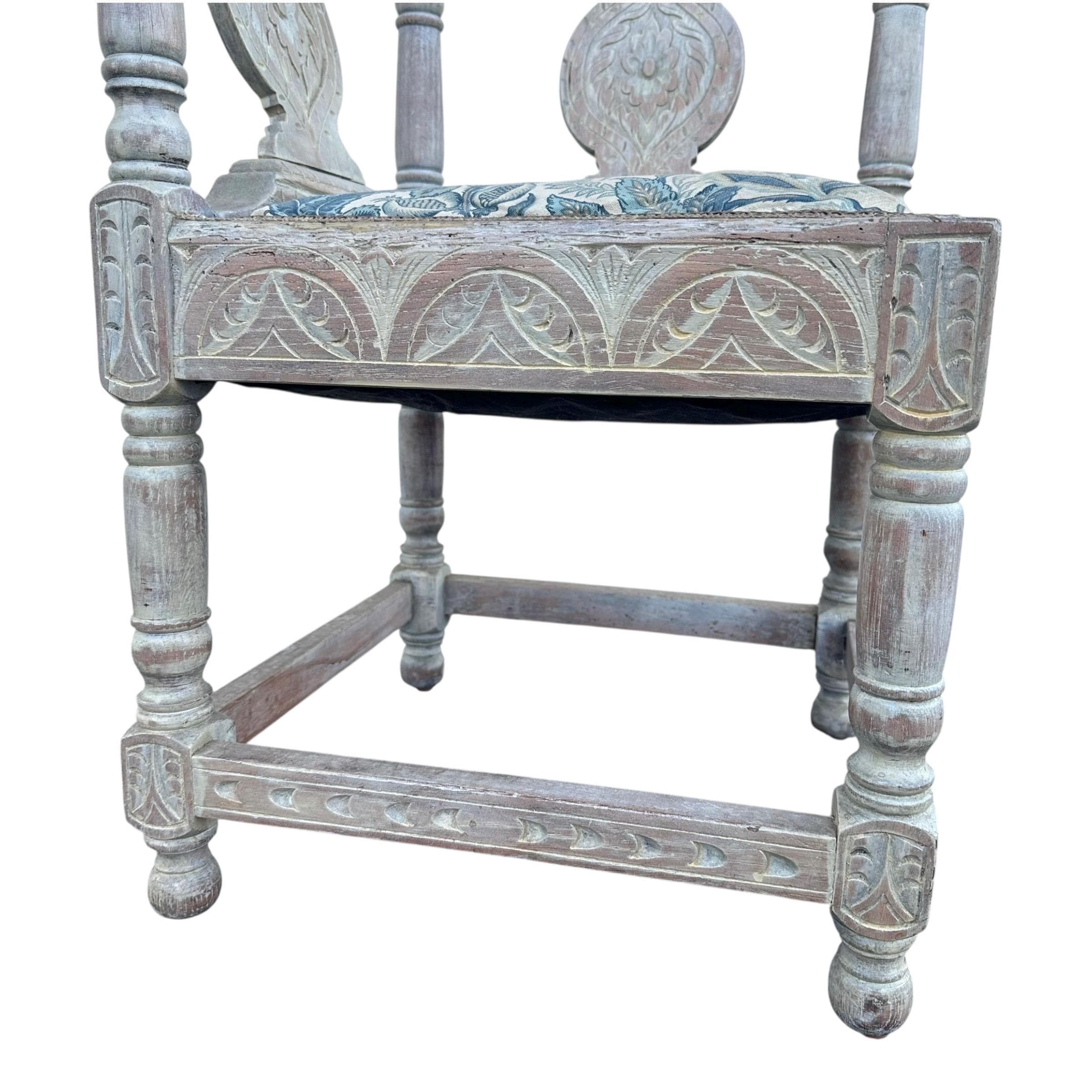 Vintage Carved Wood Corner Chair: Blue Floral Upholstered Accent Armchair - Thumbnail 7