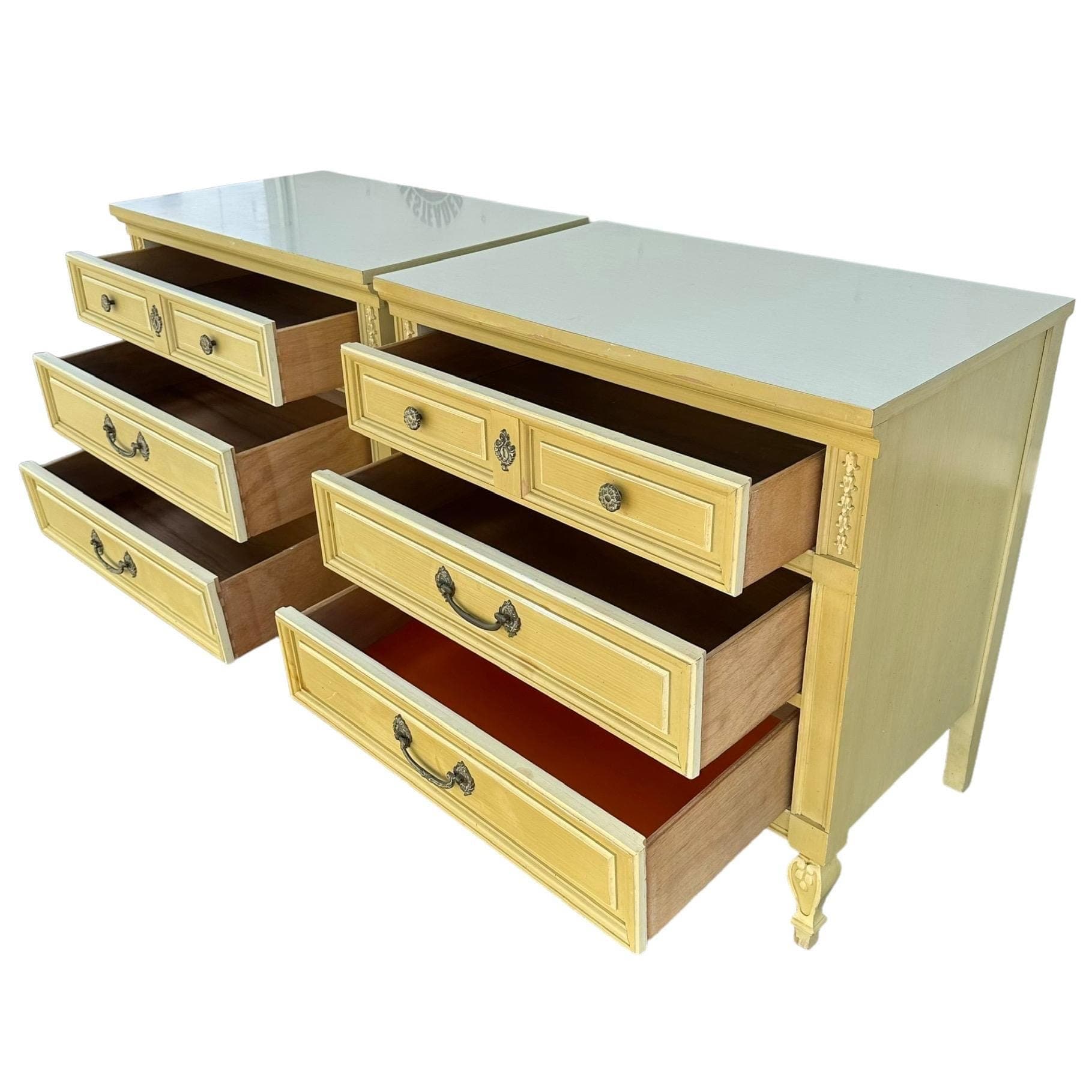 French Country Nightstands 30" Tall by Dixie Furniture - Set of 2 Vintage Yellow Chartreuse Wood Provincial 3 Drawer Chests End Tables Pair - Thumbnail 3