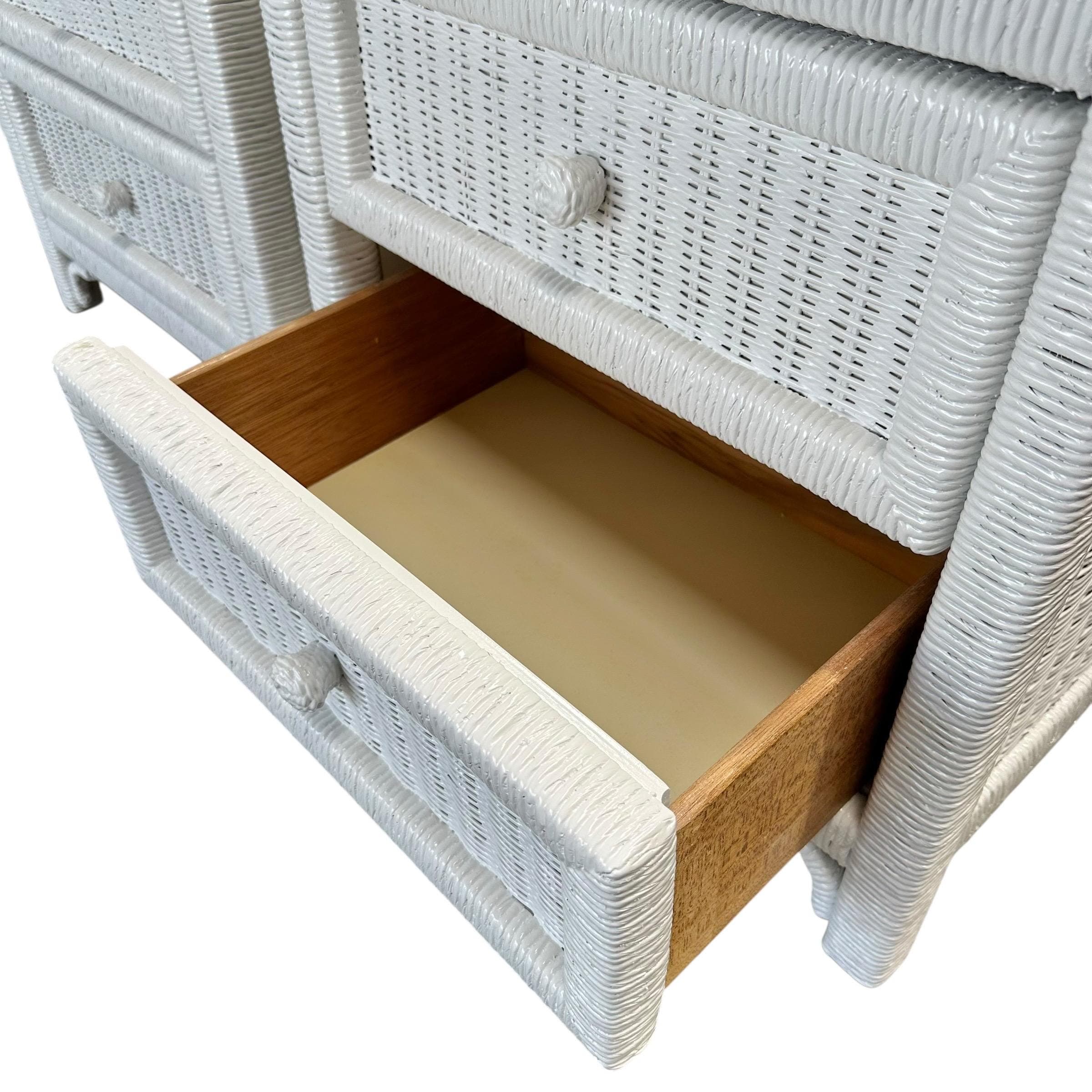 White Wicker Nightstands by Henry Link - Set of 2 Vintage Painted Wrapped Rattan Coastal Boho Chic End Tables Pair - Thumbnail 5