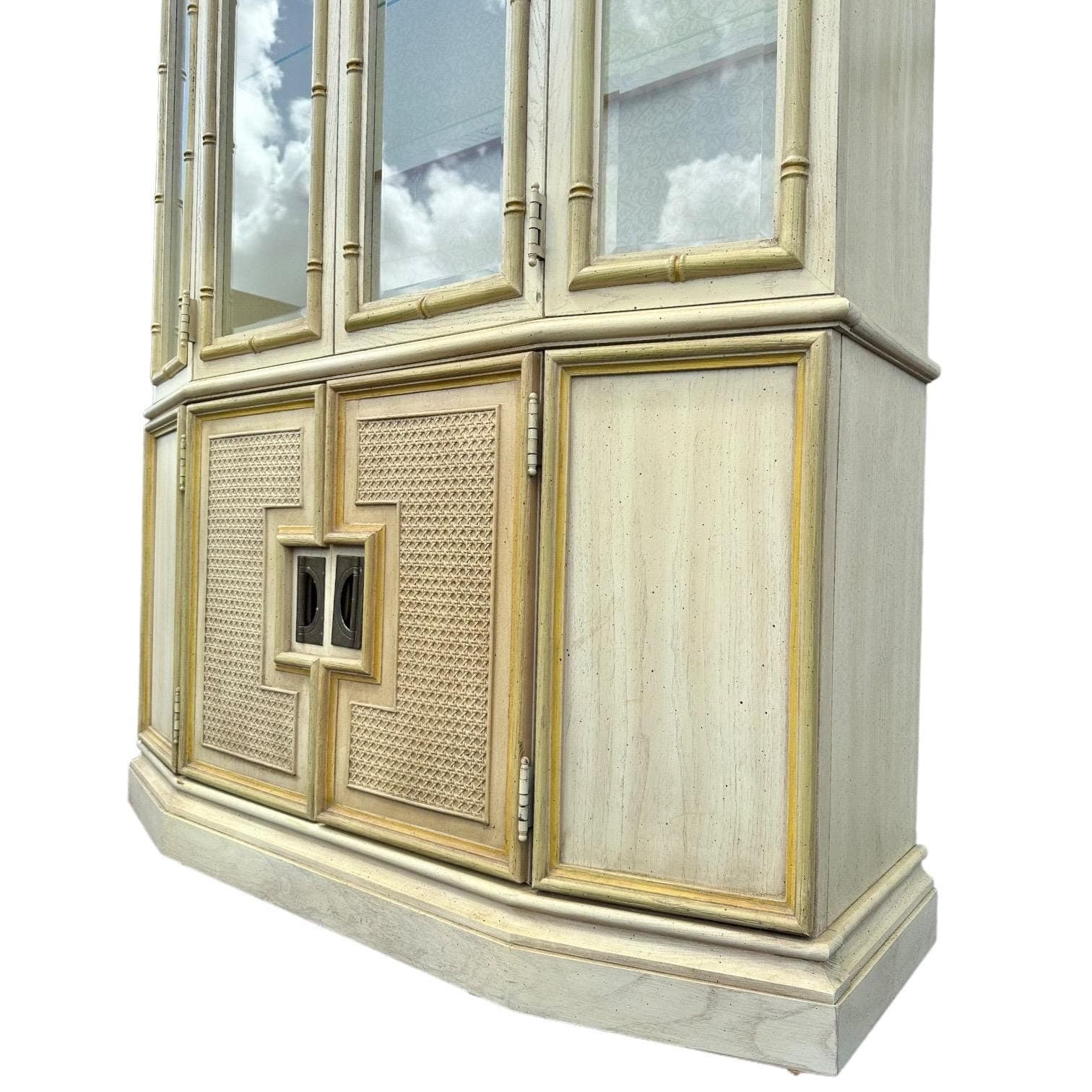 Faux Bamboo China Cabinet by Stanley - Vintage Yellow Lighted Hollywood Regency Coastal Illuminated Rattan Cane Angled Glass Display Case - Thumbnail 6