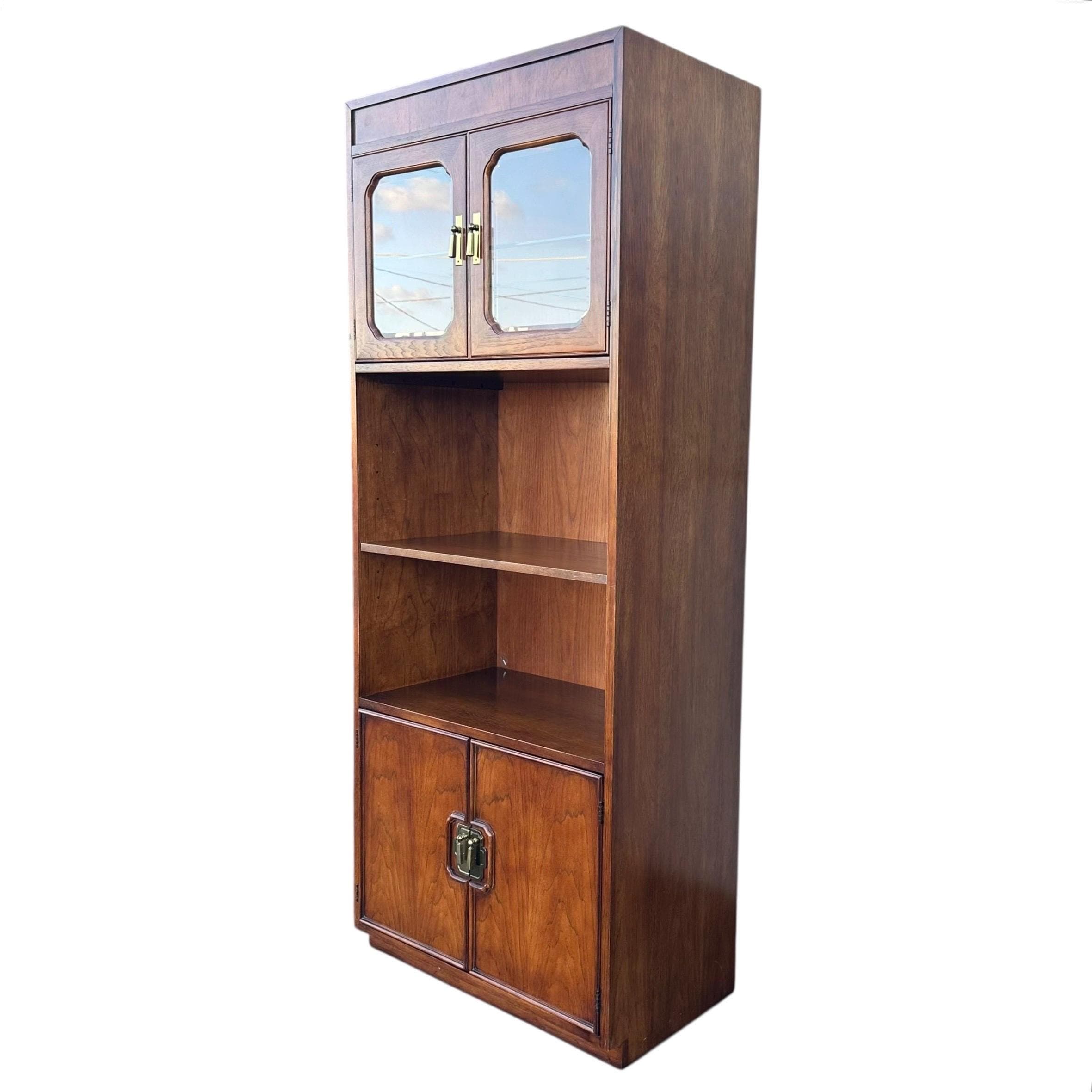 Vintage Thomasville Mystique Display Cabinet - Lighted Glass Top, Mirrored Back, Pecan Wood, Asian-Inspired Hardware - Thumbnail 13