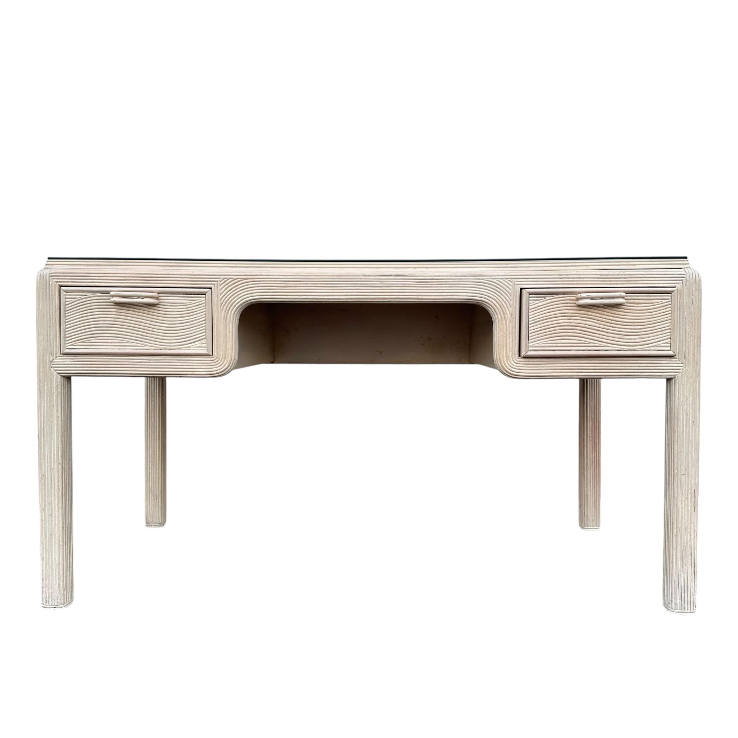 Vintage Whitewash Pencil Reed Desk 54" - American Drew Hollywood Regency - Thumbnail 10