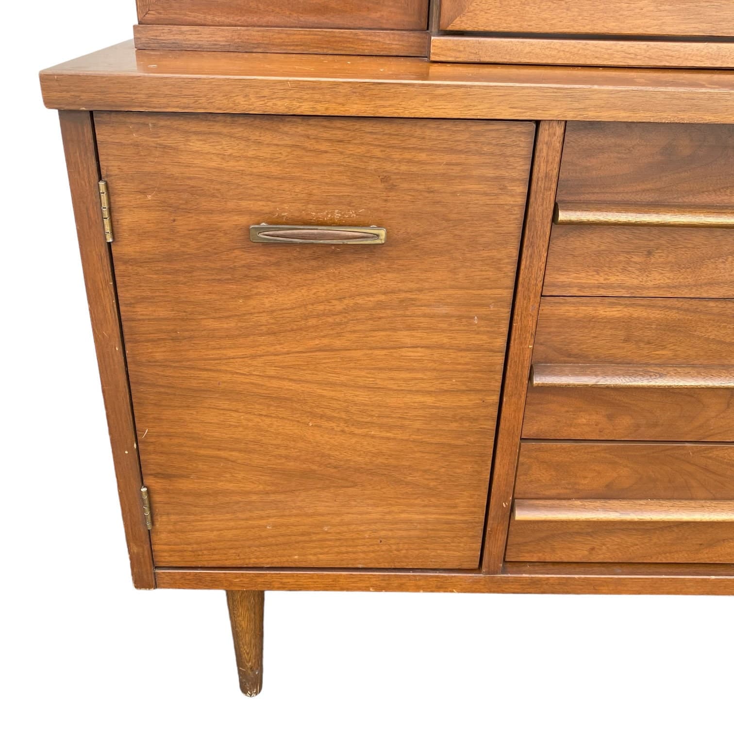 MidCentury Modern China Cabinet with Glass Display Wood Hutch and 3 Dovetailed Drawers - Vintage MCM Walnut Wooden Furniture - Thumbnail 5