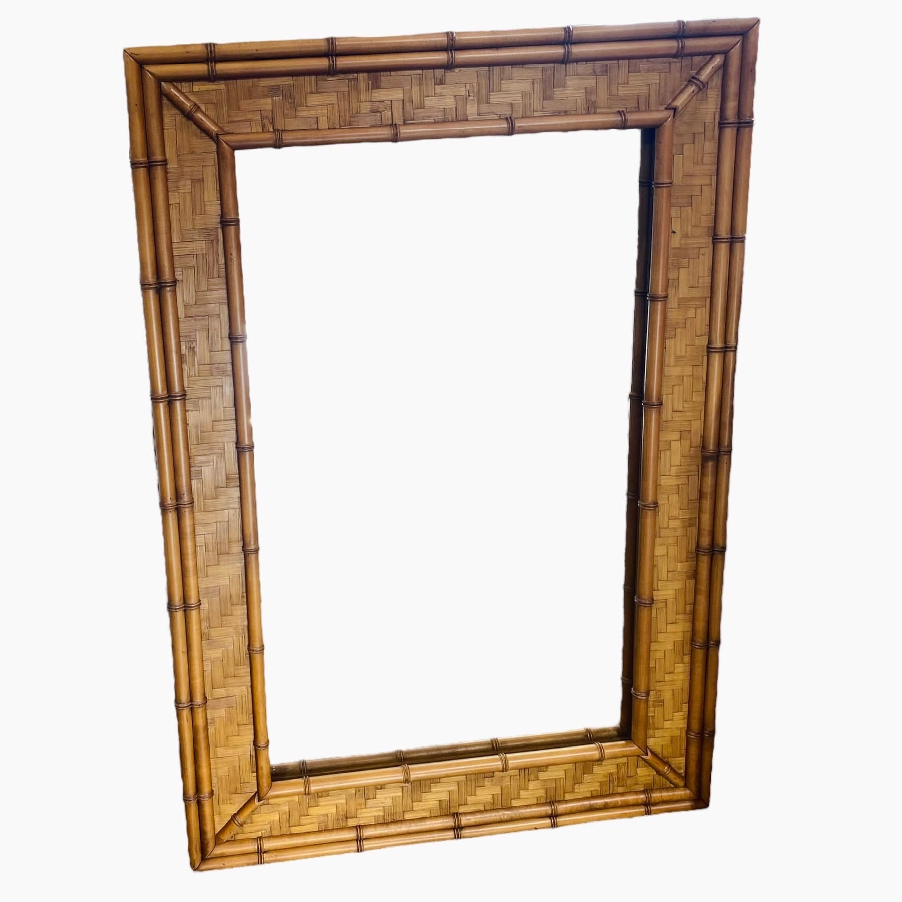 Faux Bamboo Rattan Mirror by Dixie 47x33 LOCAL PICKUP Vintage Herringbone Rectangular Natural Boho Chic Coastal Hollywood Regency - Thumbnail 2
