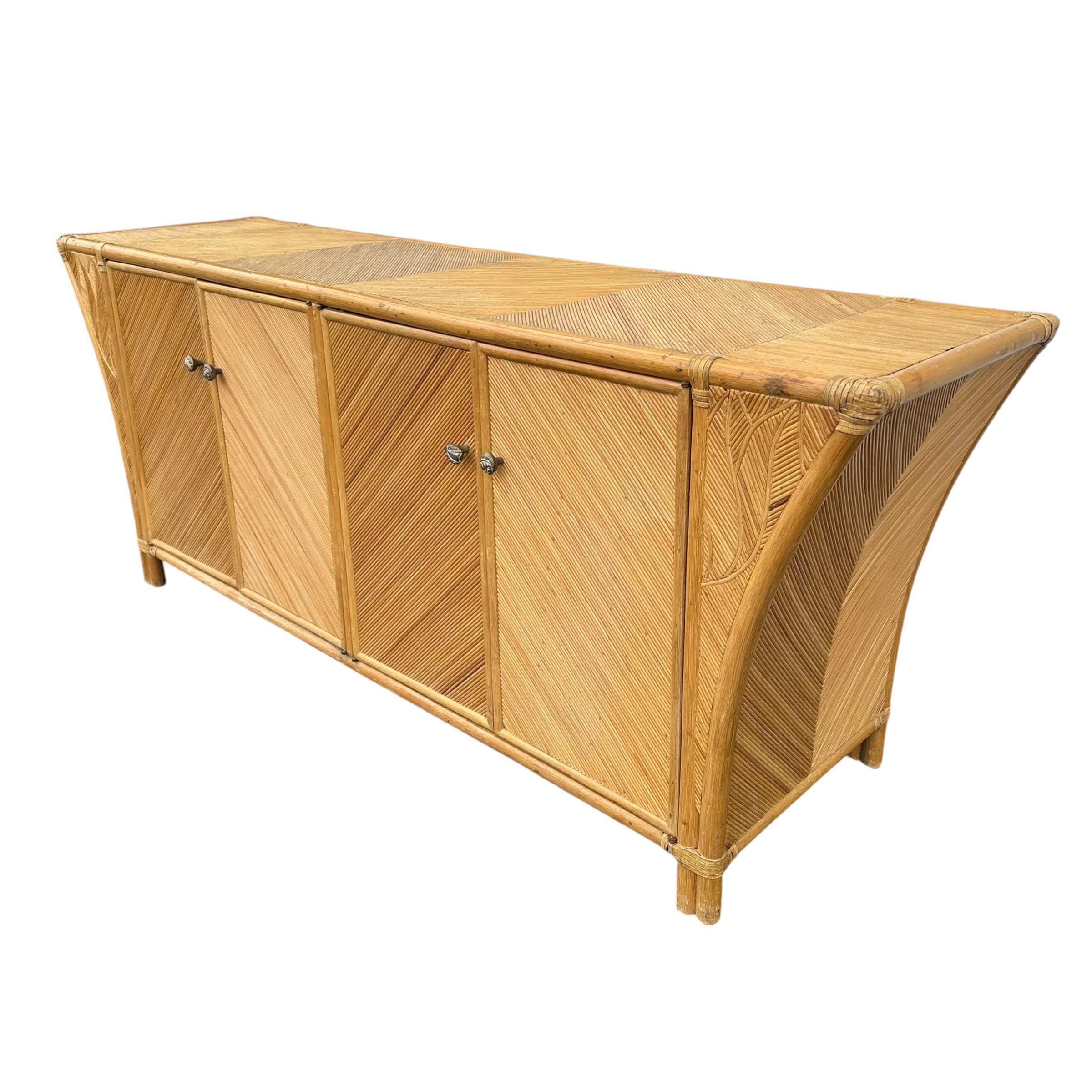 Bamboo Sideboard with Sculptural Winged Sides and Geometric Split Reed Details 72” Long - Vintage Coastal Rattan Wood Credenza - Thumbnail 10