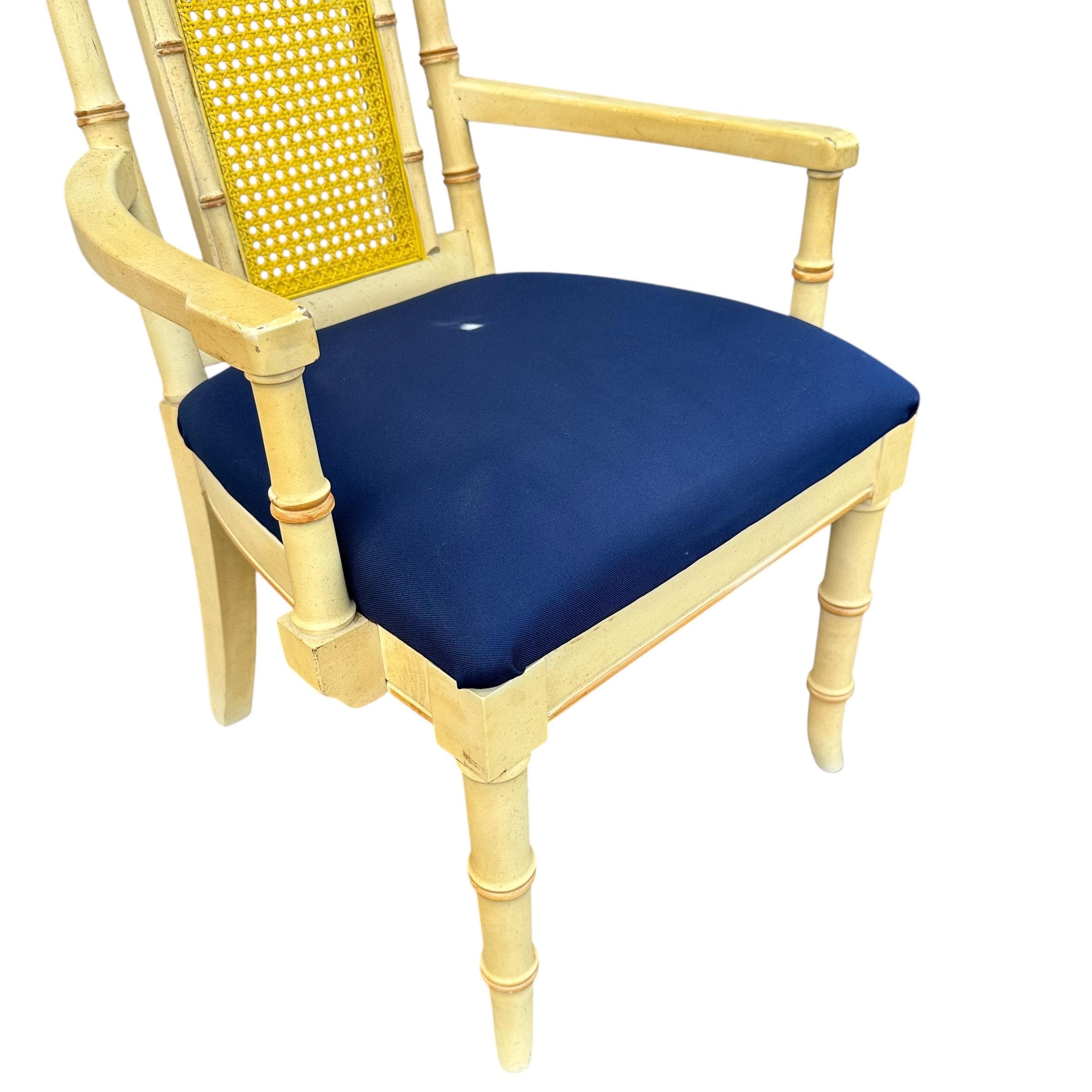 Faux Bamboo Dining Arm Chair - Vintage Wood & Rattan Cane Hollywood Regency Coastal Style - Thumbnail 3