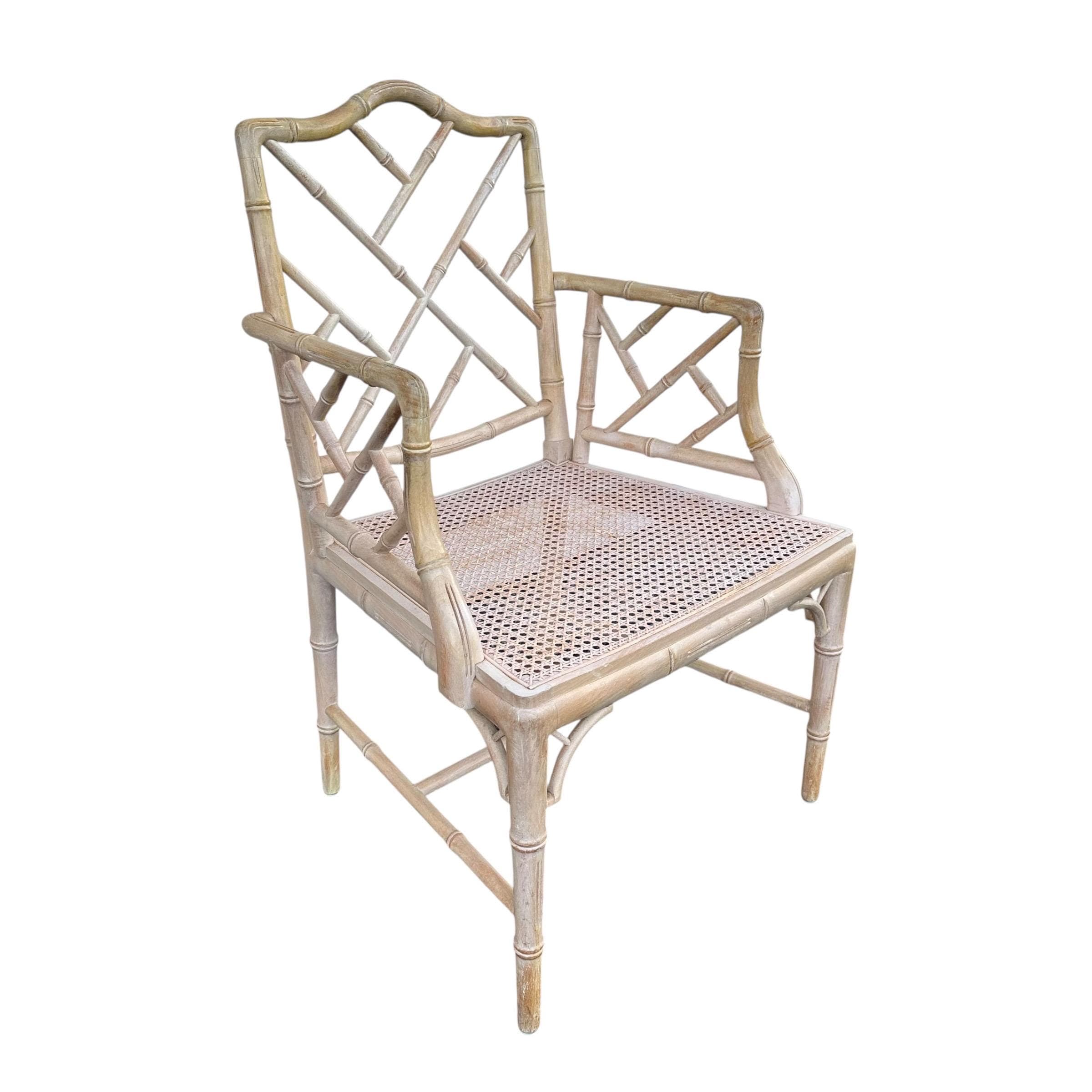 Vintage Chinese Chippendale Arm Chair - Faux Bamboo, Rattan Cane Seat, Whitewashed Wood, Chinoiserie Fretwork, Cushions, Hollywood Regency - Thumbnail 4