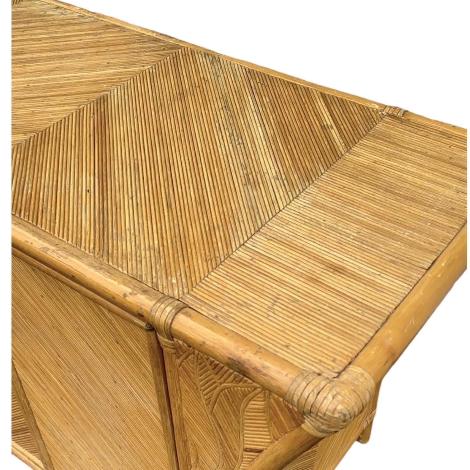 Bamboo Sideboard with Sculptural Winged Sides and Geometric Split Reed Details 72” Long - Vintage Coastal Rattan Wood Credenza - Thumbnail 7