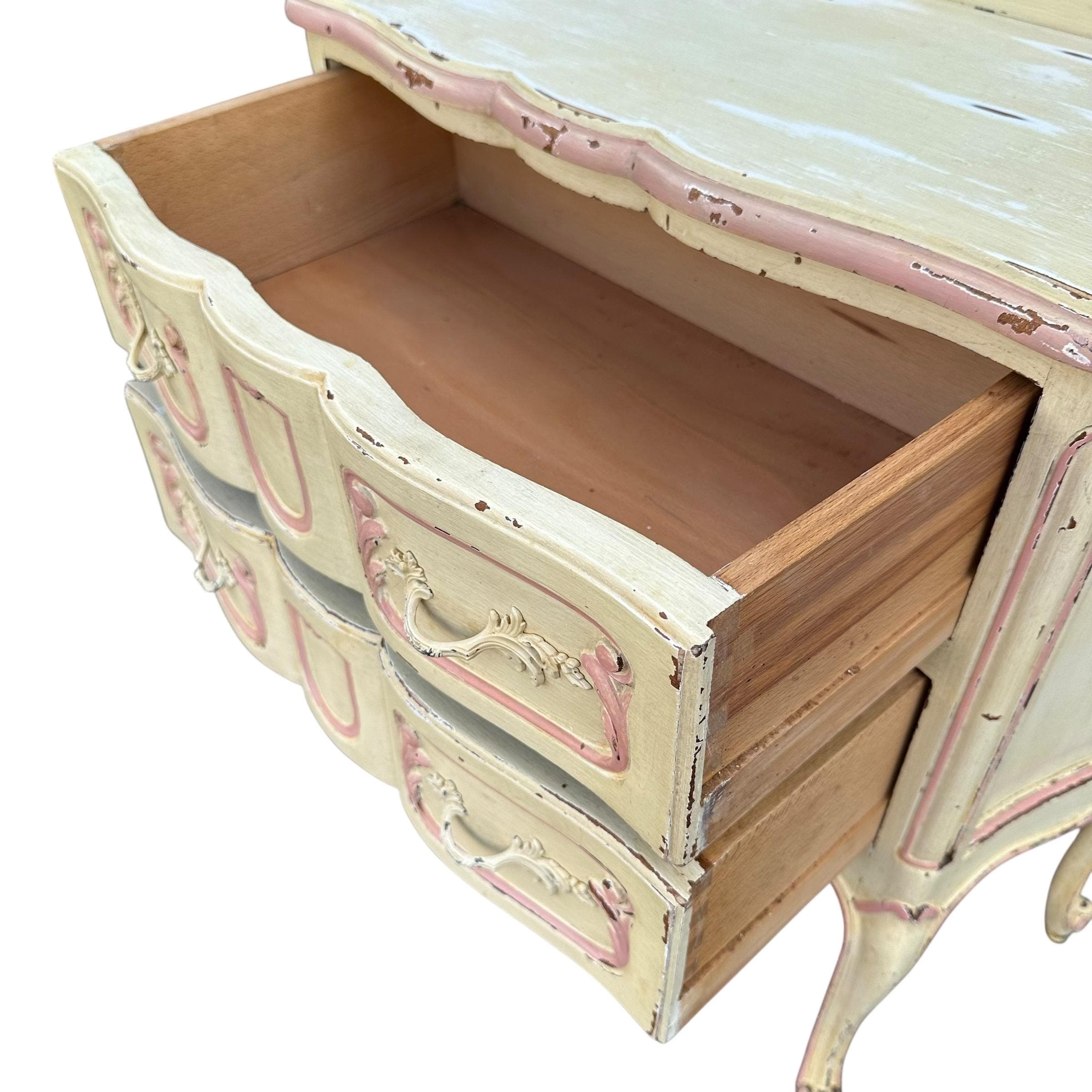 Vintage Romantic Nightstand - Distressed Pink & Creamy White Louis XV Wood Commode - French Provincial Shabby Chic Chest with Cabriole Legs - Thumbnail 6