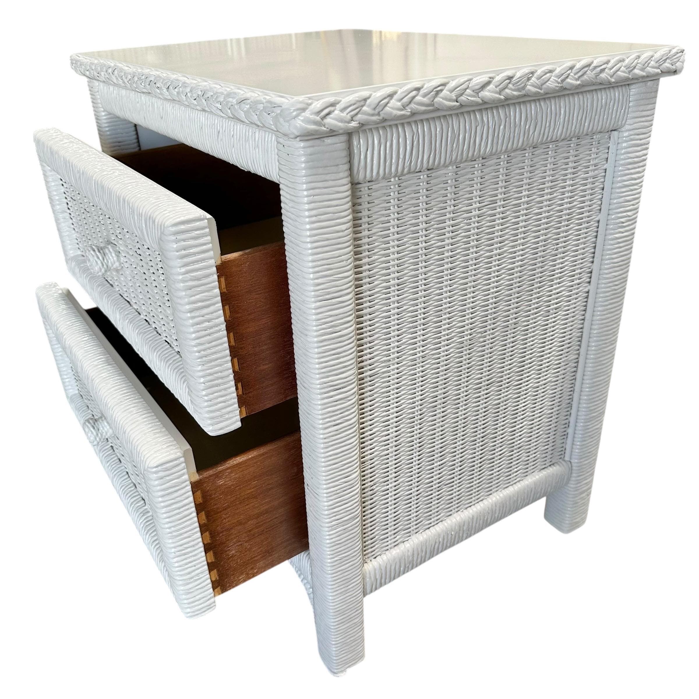 White Wicker Nightstands by Henry Link - Set of 2 Vintage Painted Wrapped Rattan Coastal Boho Chic End Tables Pair - Thumbnail 6