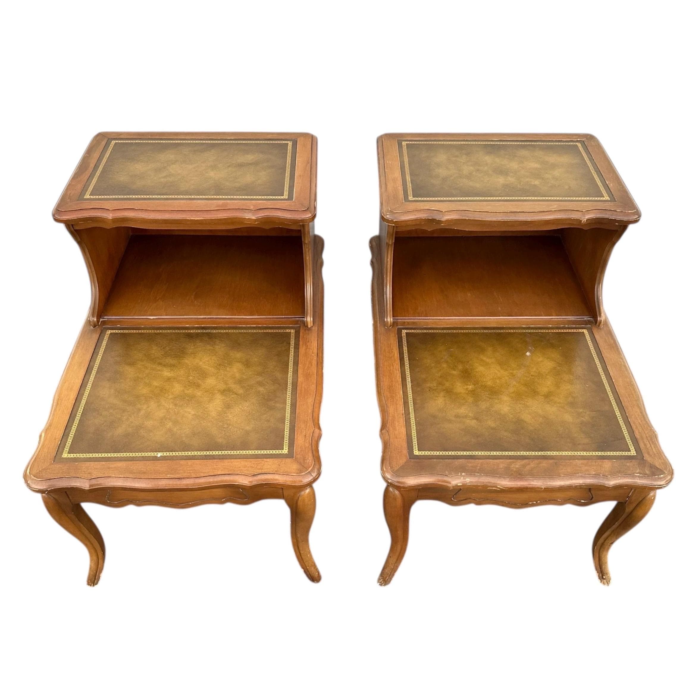 Vintage French Provincial Two Tier Nightstands - Pair of Open Shelf Leather Top Wood Bedside Tables - Thumbnail 2