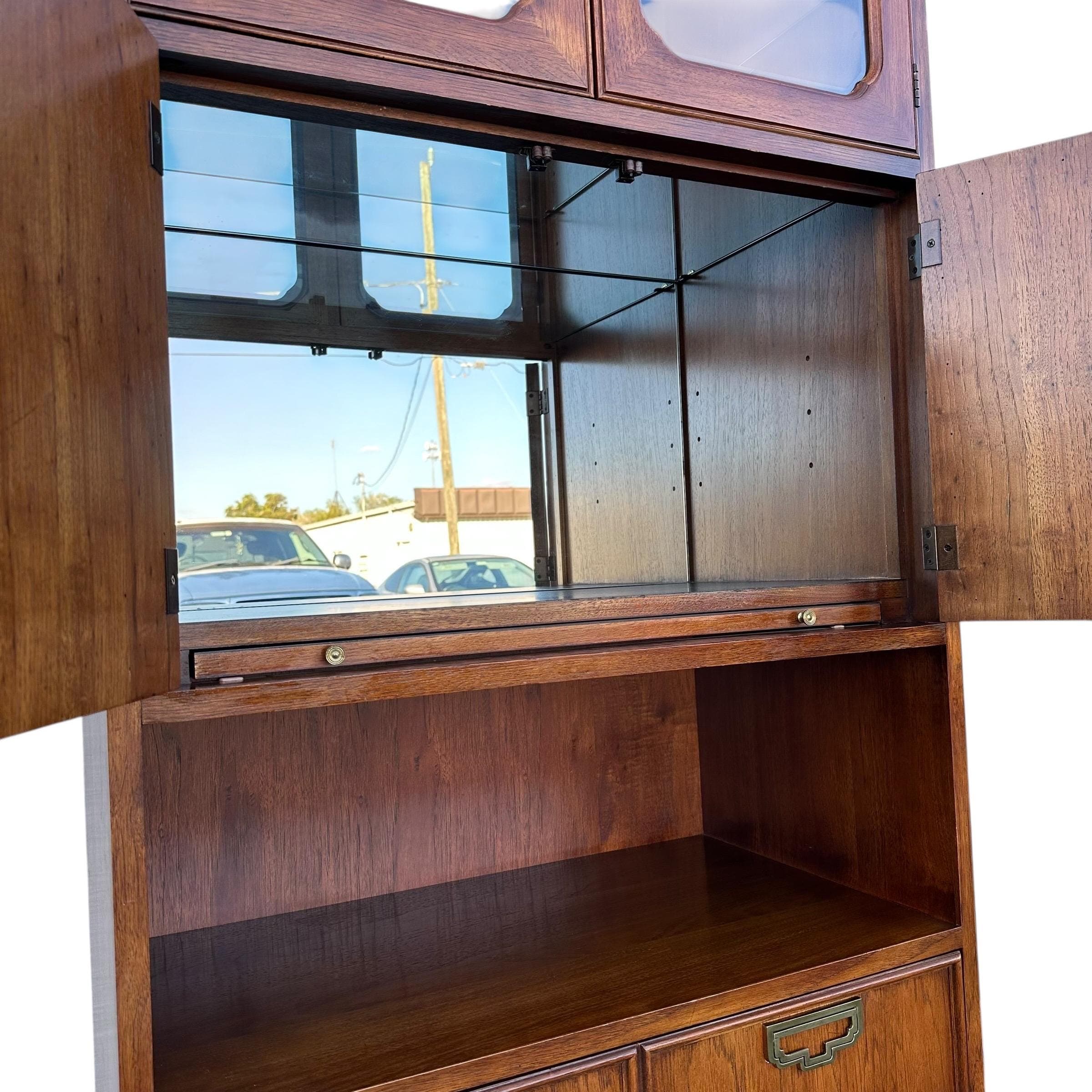 Lighted Bar Cabinet by Thomasville Mystique- Vintage Chinoiserie Asian Style Wood, Mirror Glass & Brass Storage Case, Drawers, Display Shelf - Thumbnail 12