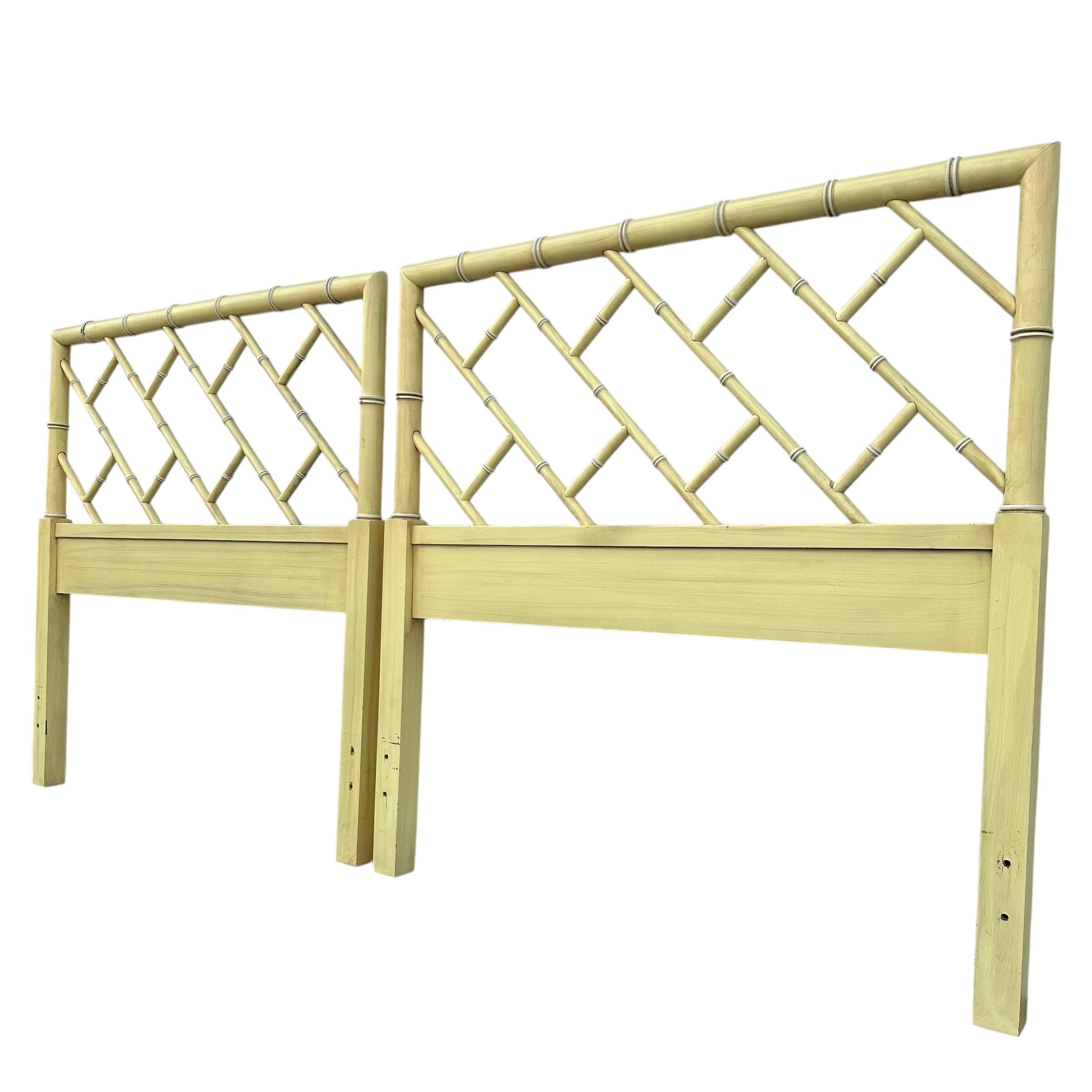 Vintage Chinese Chippendale Twin Headboards - Yellow Henry Link Bali Hai Faux Bamboo Pair - Thumbnail 7