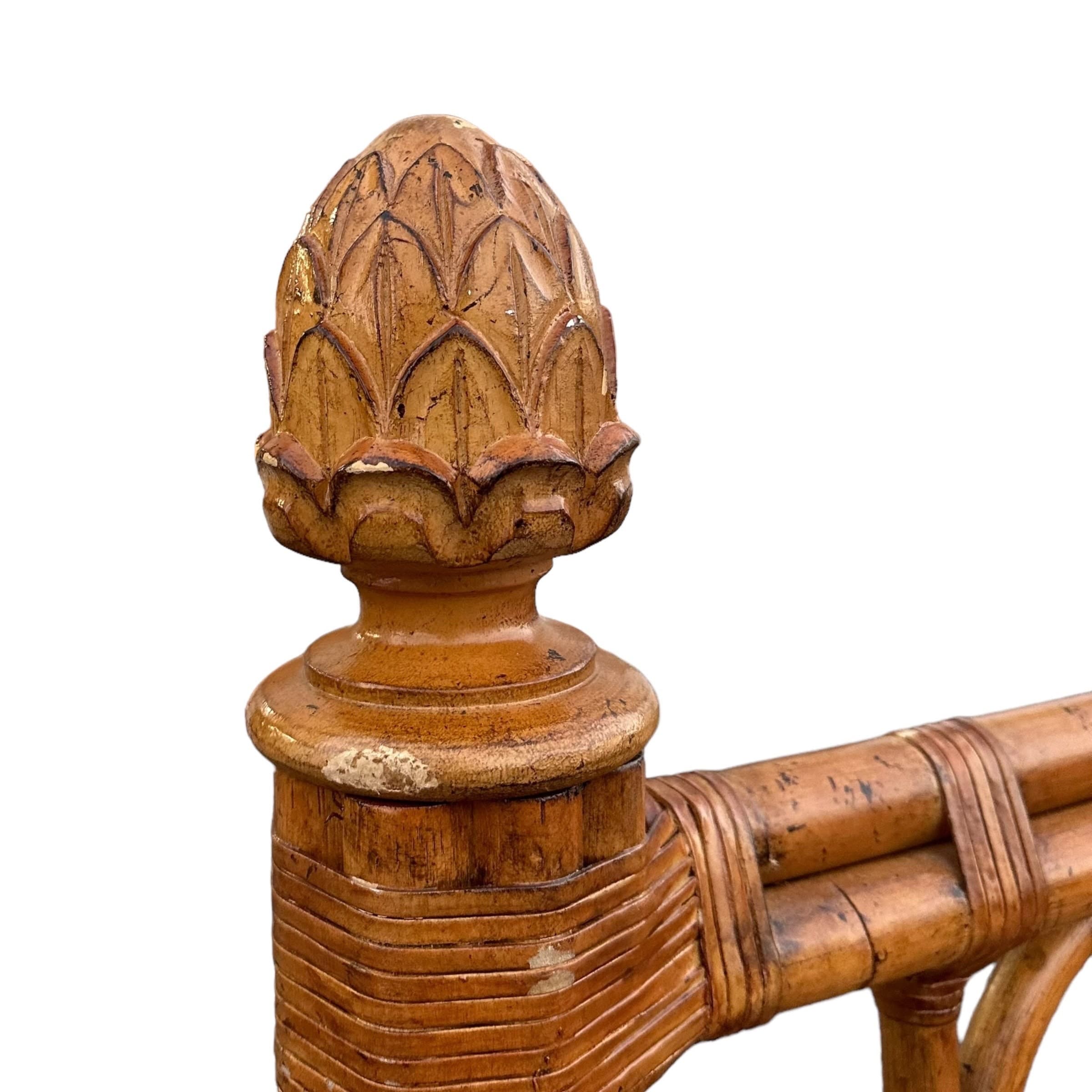 Bamboo King Bed with Rattan Post Headboard & Footboard 71" Tall - Coastal Wicker Carved Wood Artichoke Finials Tommy Bahama Style Furniture - Thumbnail 5