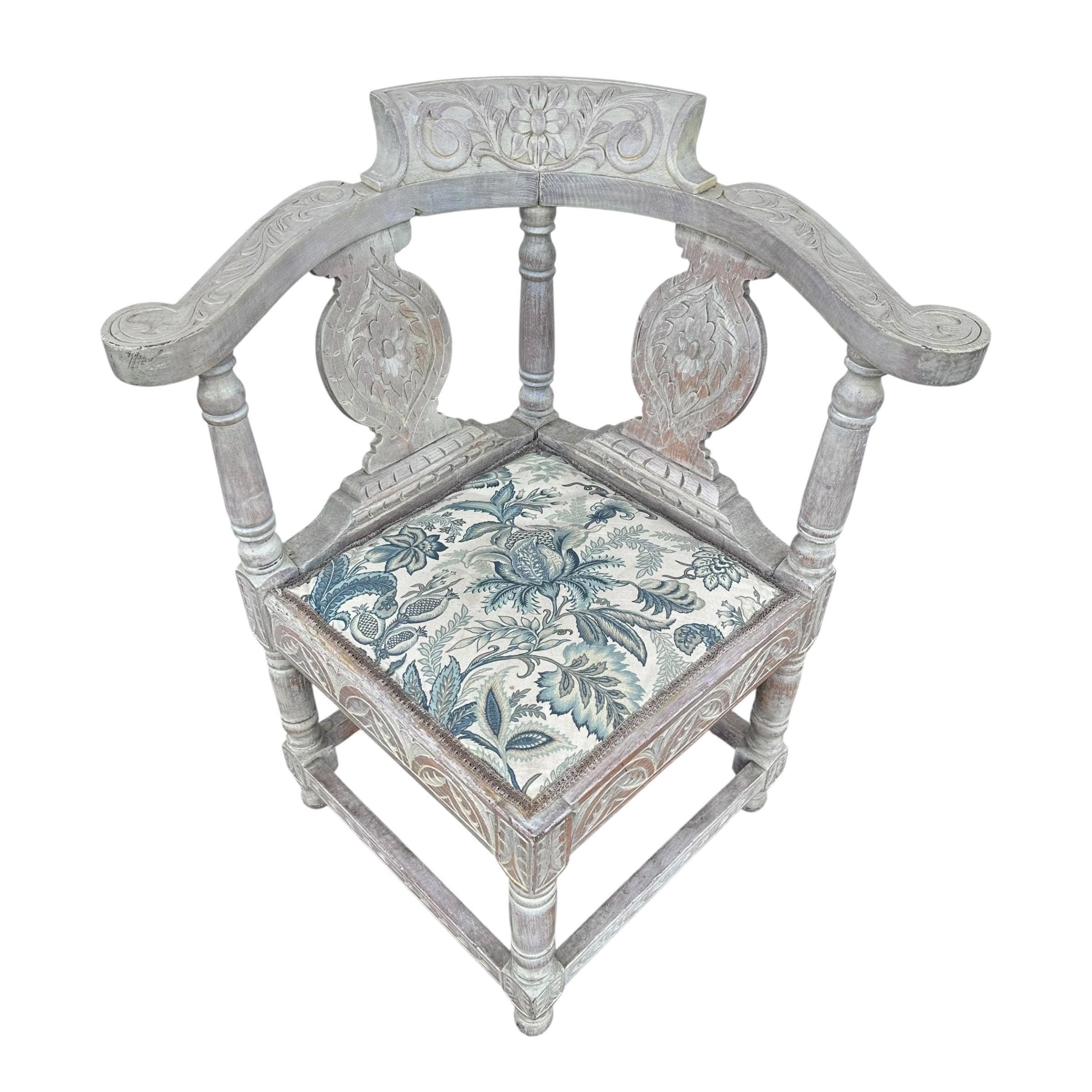 Vintage Carved Wood Corner Chair: Blue Floral Upholstered Accent Armchair - Thumbnail 2