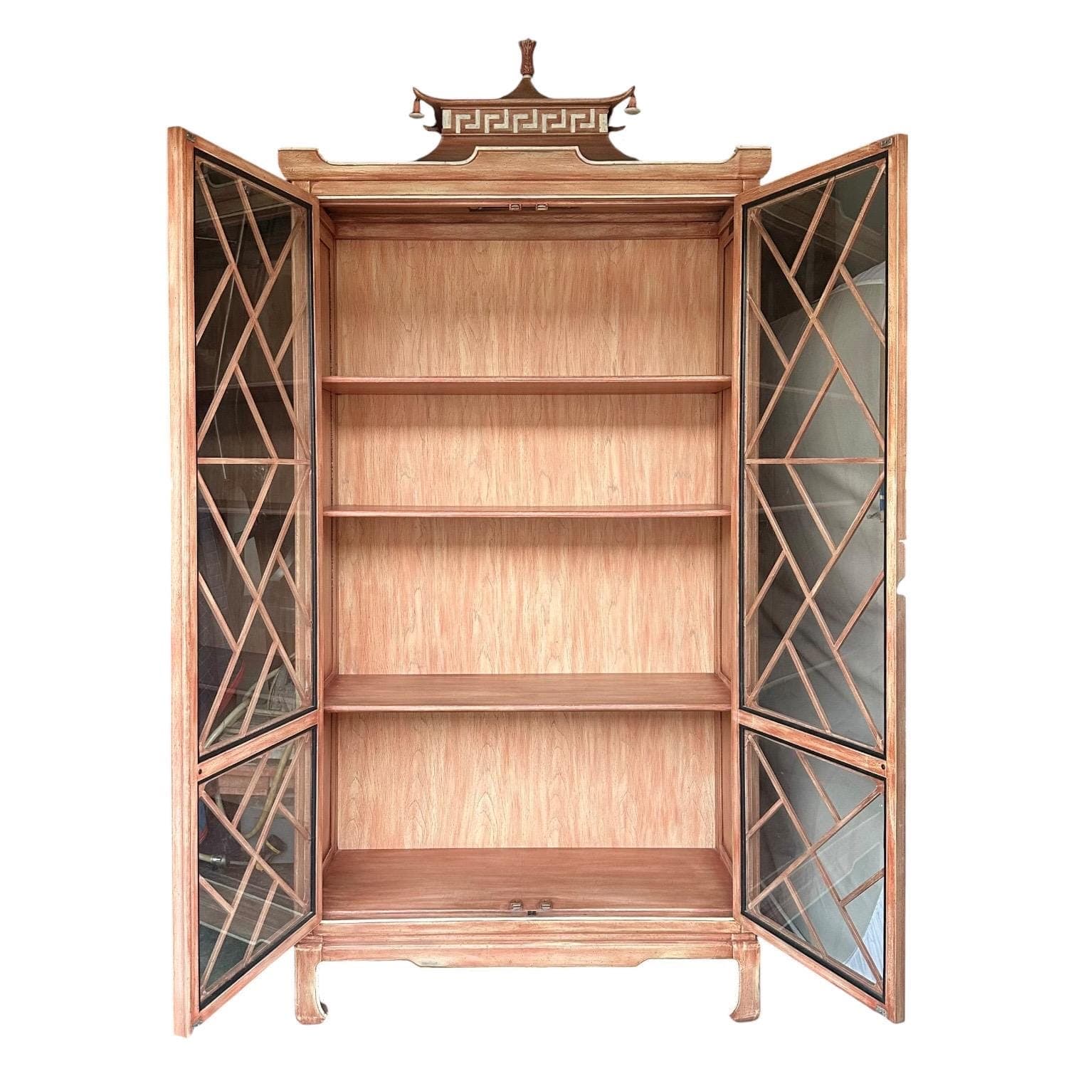 Vintage Pagoda China Cabinet by Tomlinson - Oversized Lighted Chinoiserie Vitrine - Rare Brushed Rose Wood Hollywood Regency - Thumbnail 3