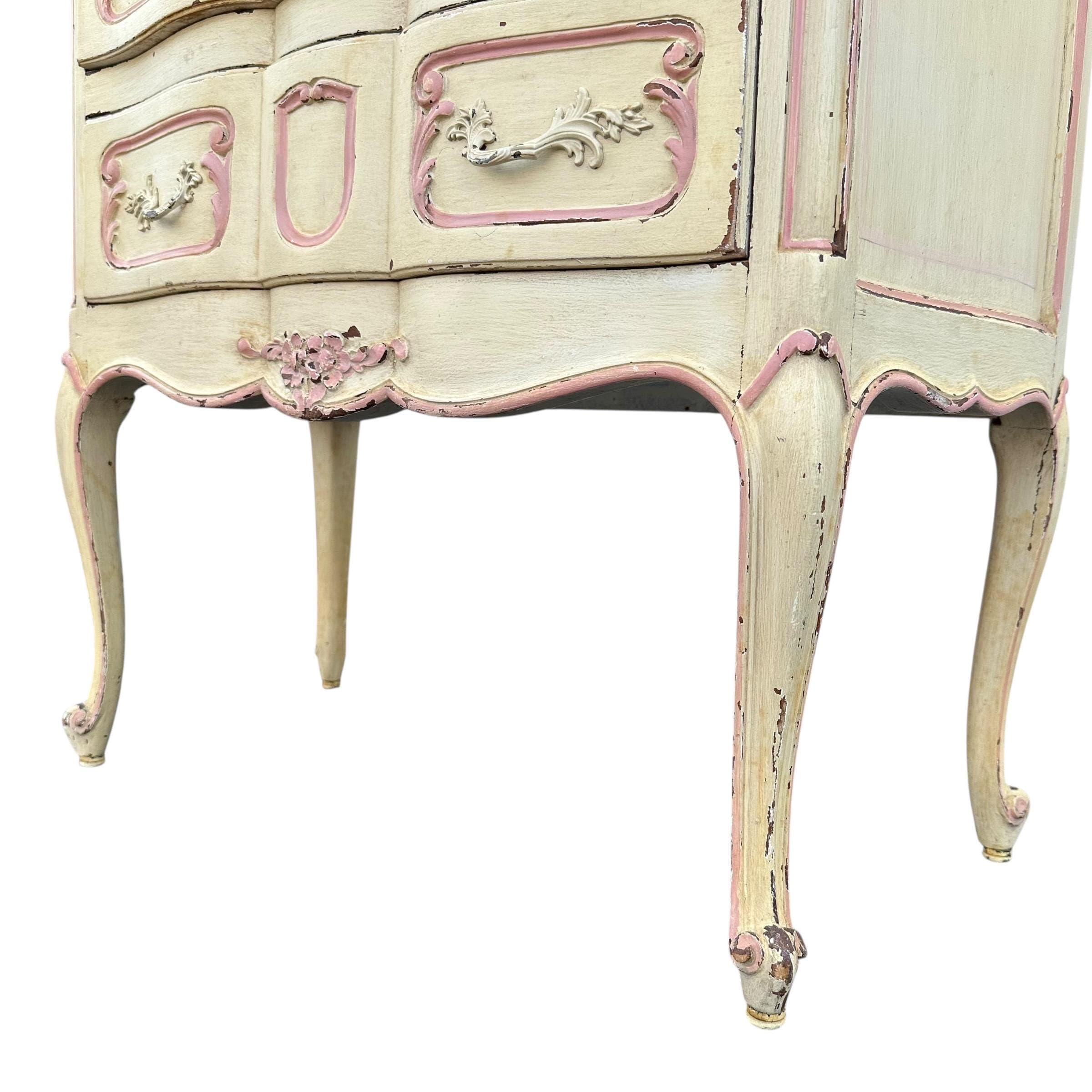 Vintage Romantic Nightstand - Distressed Pink & Creamy White Louis XV Wood Commode - French Provincial Shabby Chic Chest with Cabriole Legs - Thumbnail 8