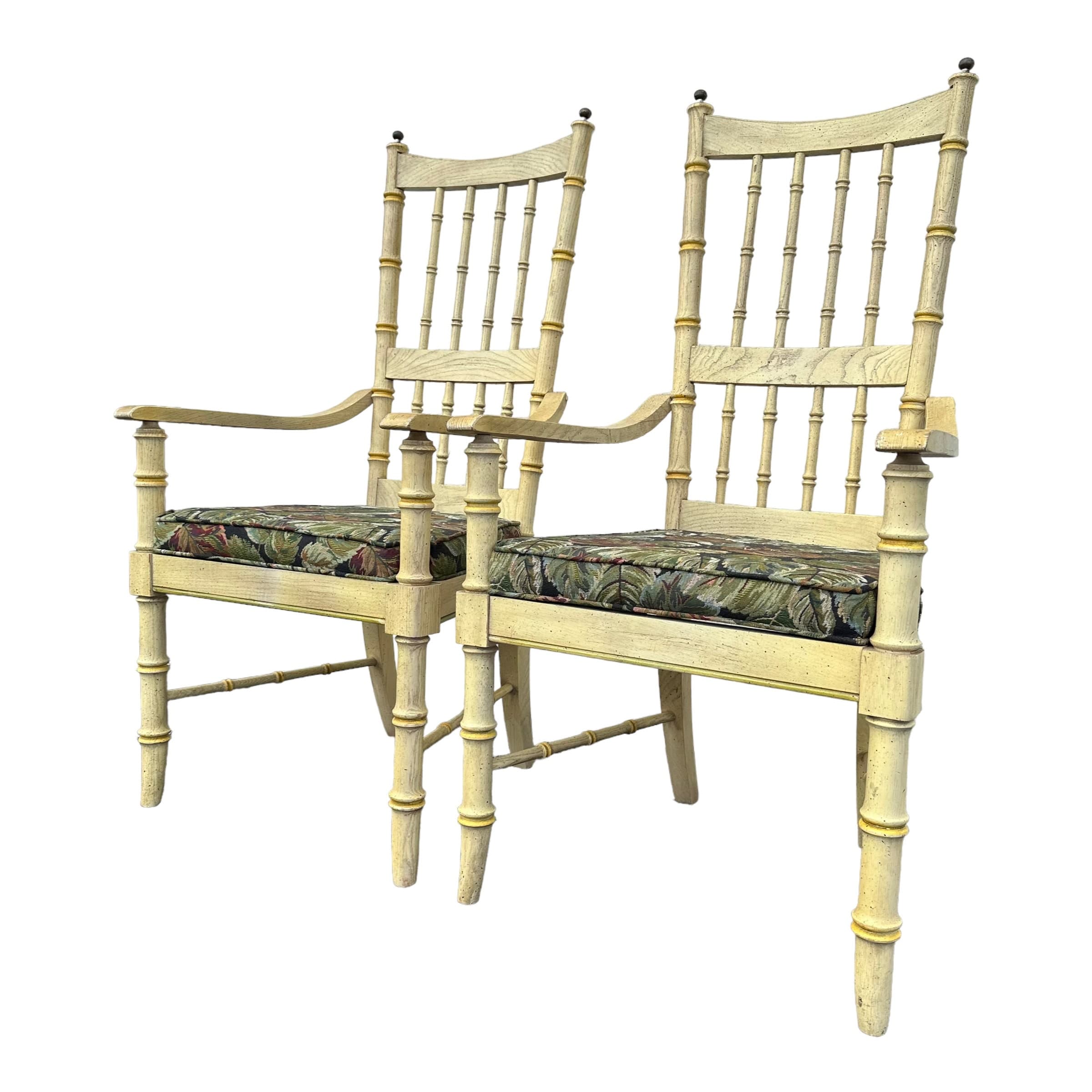 Faux Bamboo Armchairs with Spindles & Finials by Stanley Furniture Set of 2 - 1970s Vintage Pair Coastal Palm Beach Dining Accent Arm Chairs - Thumbnail 9