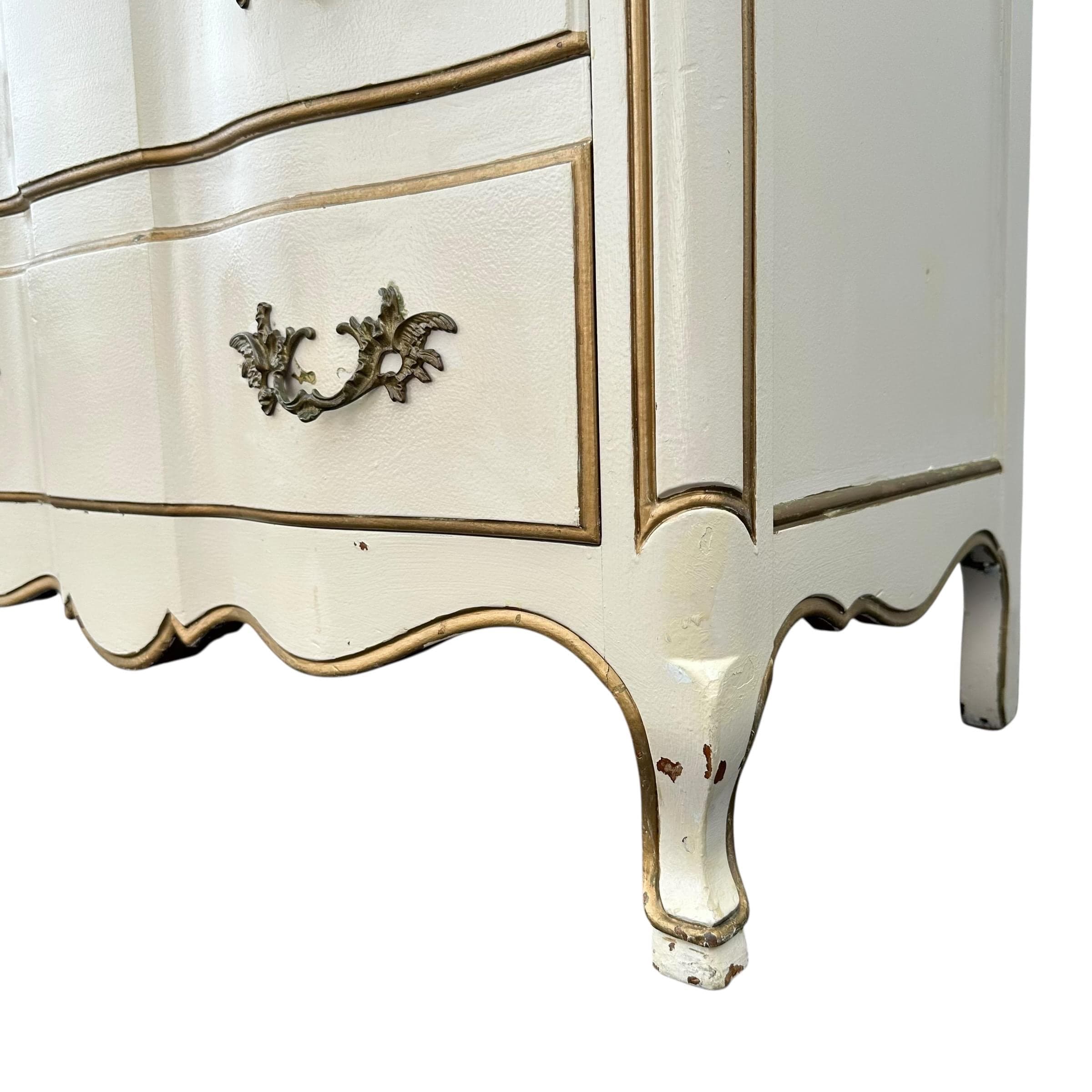 Vintage White French Provincial Nightstand by John Widdicomb - 3 Drawer Dresser Chest, Antique Gold Trim, Romantic Cottage Shabby Chic Style - Thumbnail 9