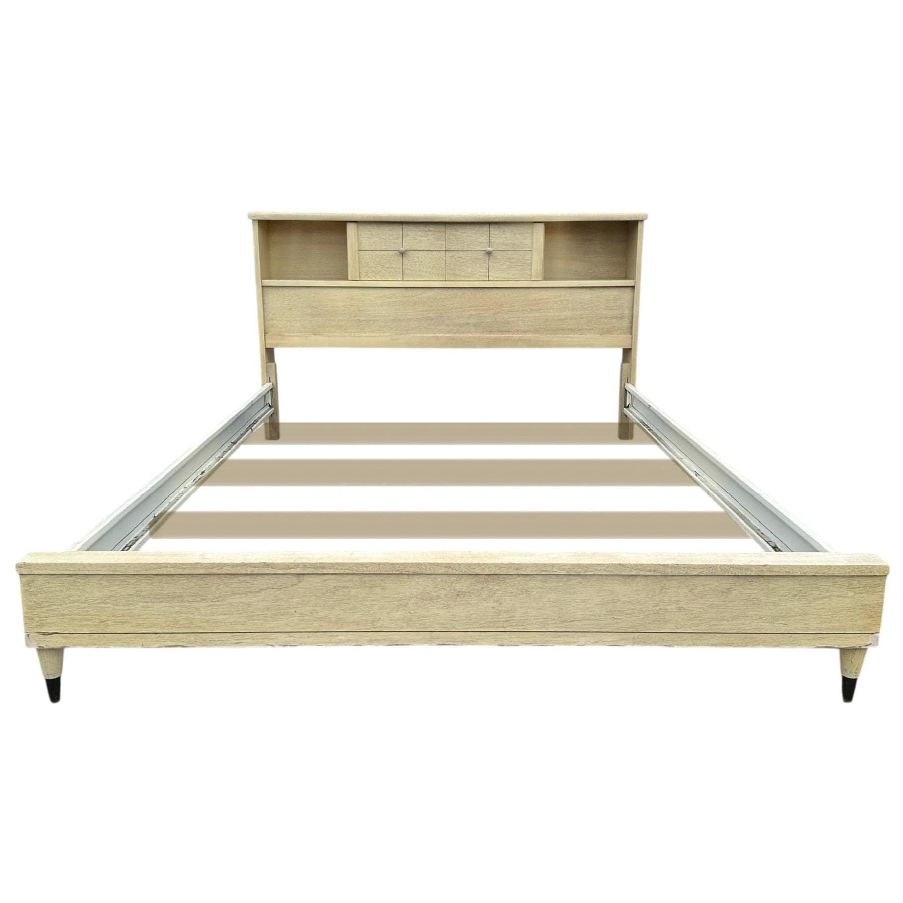 Mid Century Modern Full Size Bed Frame: Blonde Wood Storage Headboard, Brass Accents - Image 1