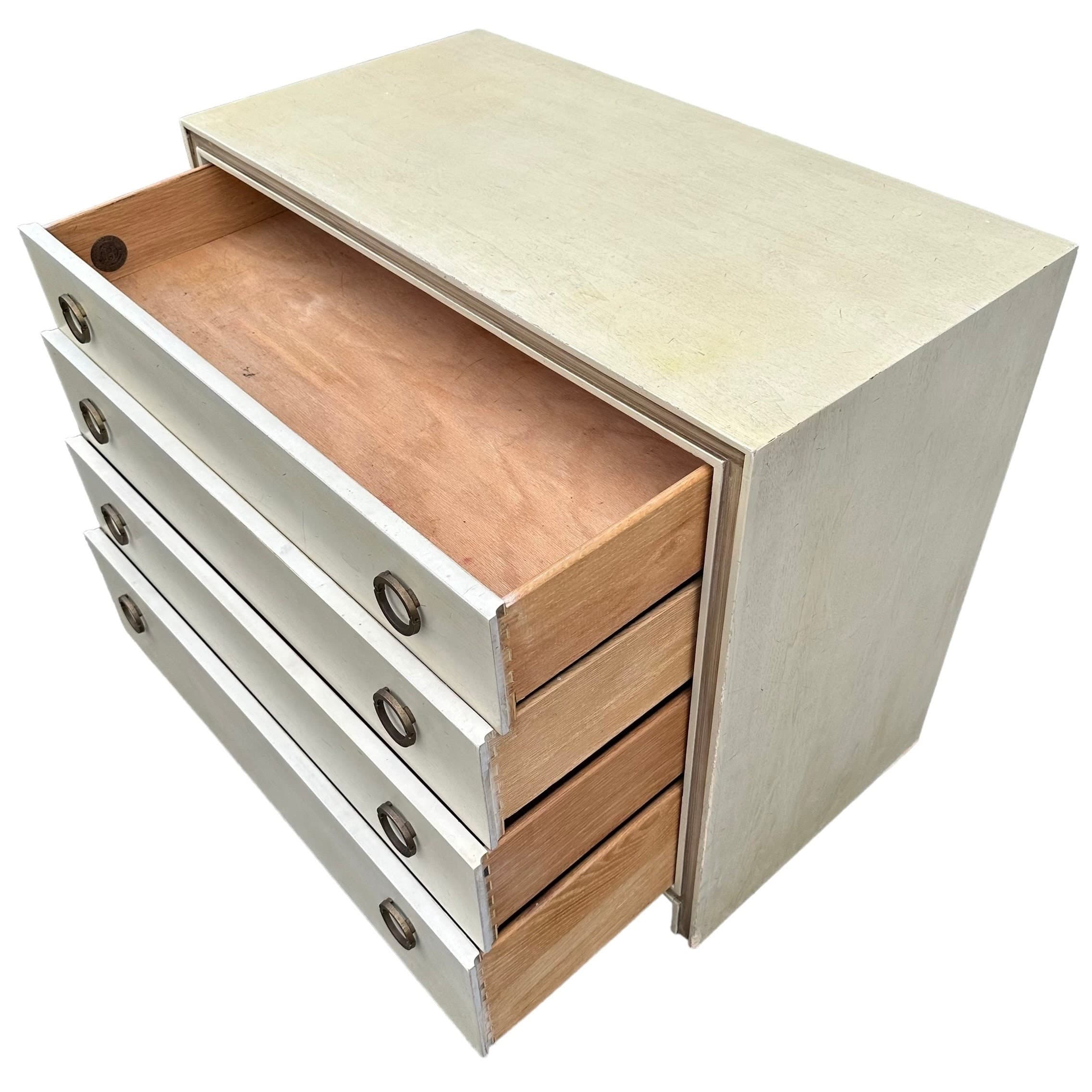 Vintage Hickory Furniture Chest with 4 Drawer Brass Ring Pulls | Mid Century Modern Cream & Gold Wood Dresser - MCM Bedroom Storage - Thumbnail 2