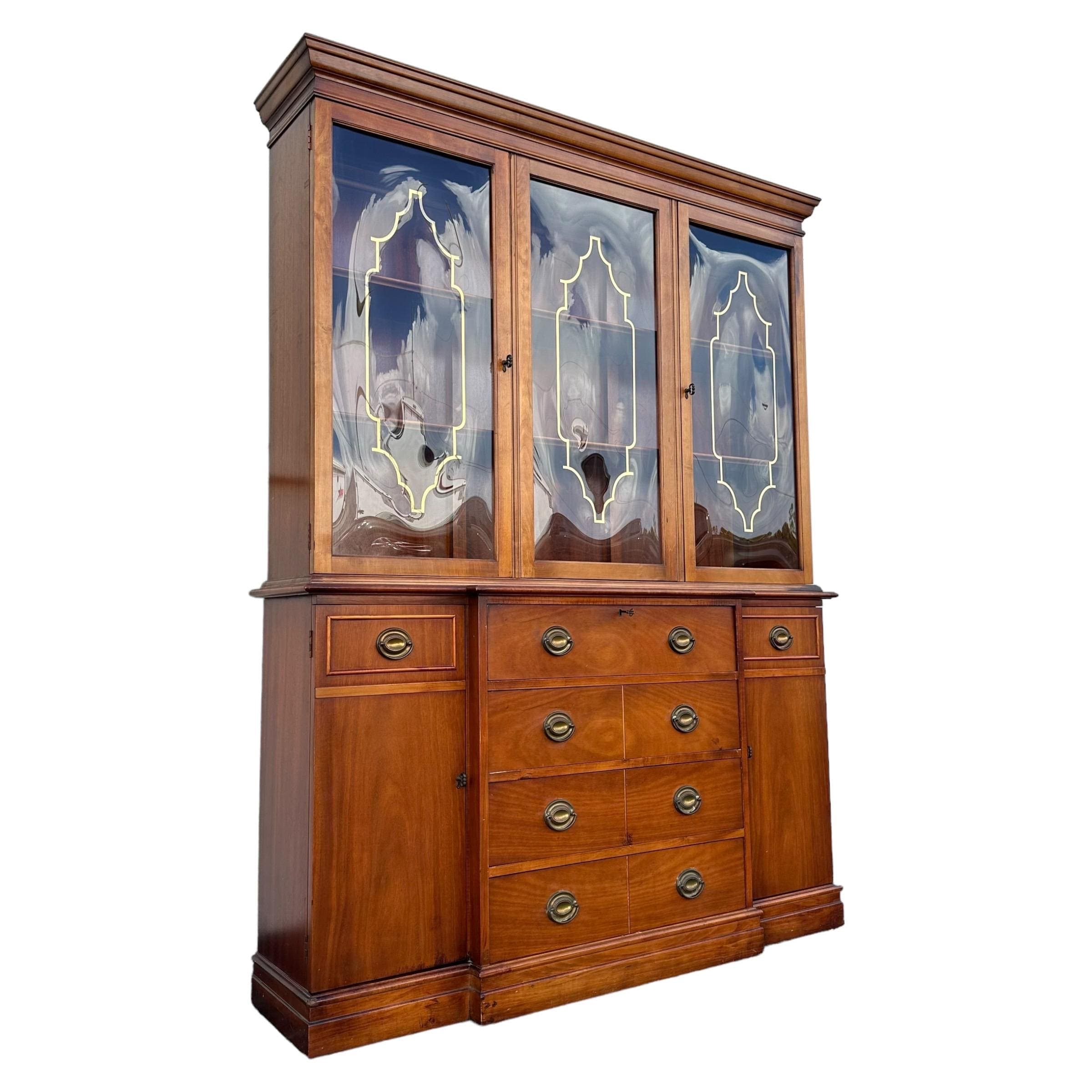 Vintage Cabinet with Gold Pagoda Bubble Glass Doors & Skeleton Key - Georgian Style Wood Butler’s Hutch Breakfront China Domed Display Case - Thumbnail 10