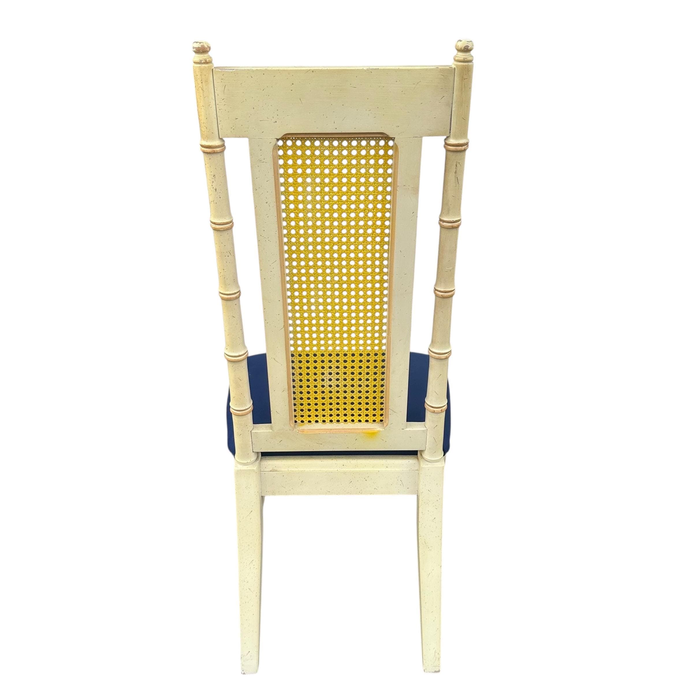 Set of 4 Faux Bamboo Dining Chairs - Vintage Wood & Rattan Cane Hollywood Regency Coastal Style - Thumbnail 10