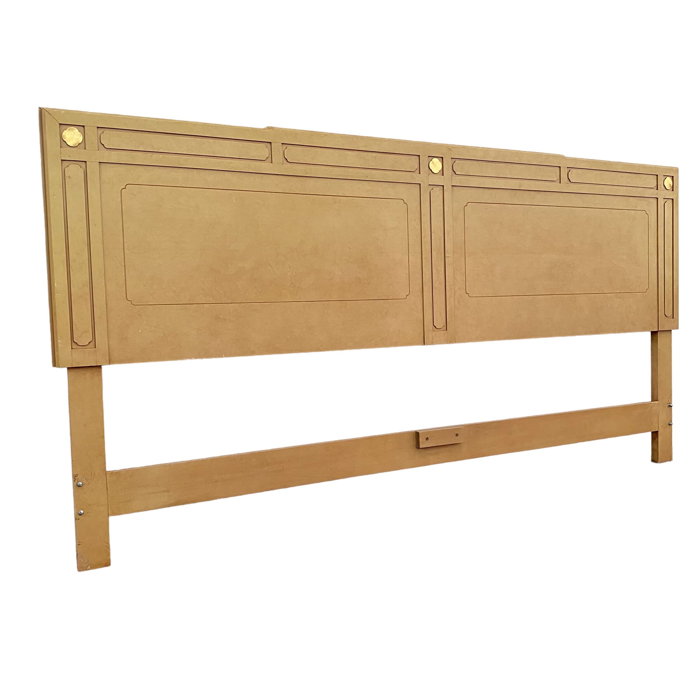 Chinoiserie King Headboard in Tan with Gold Brass Details - Vintage Asian Style Bedroom Furniture - Thumbnail 7