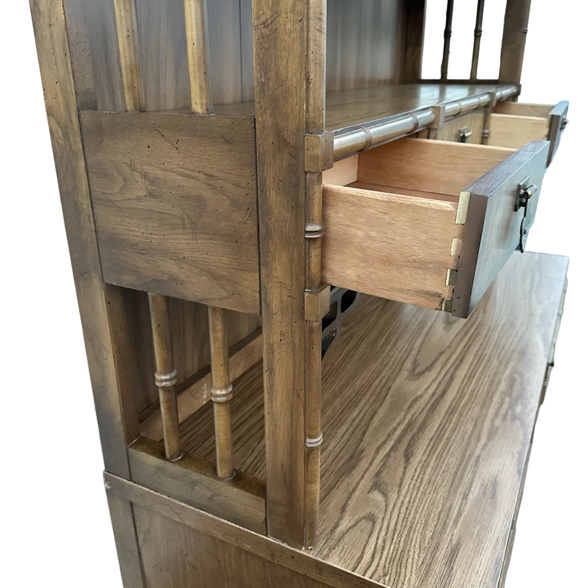 Faux Bamboo Desk and Lighted Bookcase by Dixie ShangriLa - Rare 2 Piece Vintage Chinoiserie Wood Hollywood Regency Bookshelf Hutch Furniture - Thumbnail 6