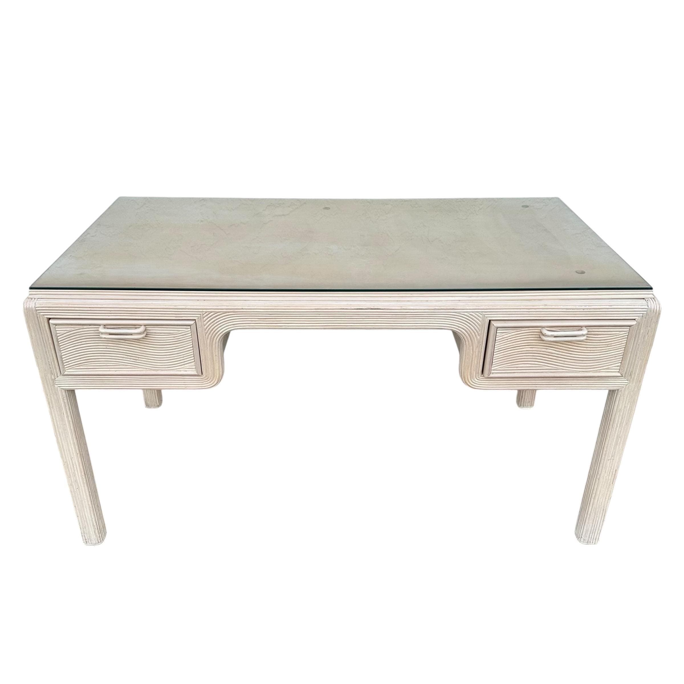 Vintage Whitewash Pencil Reed Desk 54" - American Drew Hollywood Regency - Thumbnail 2