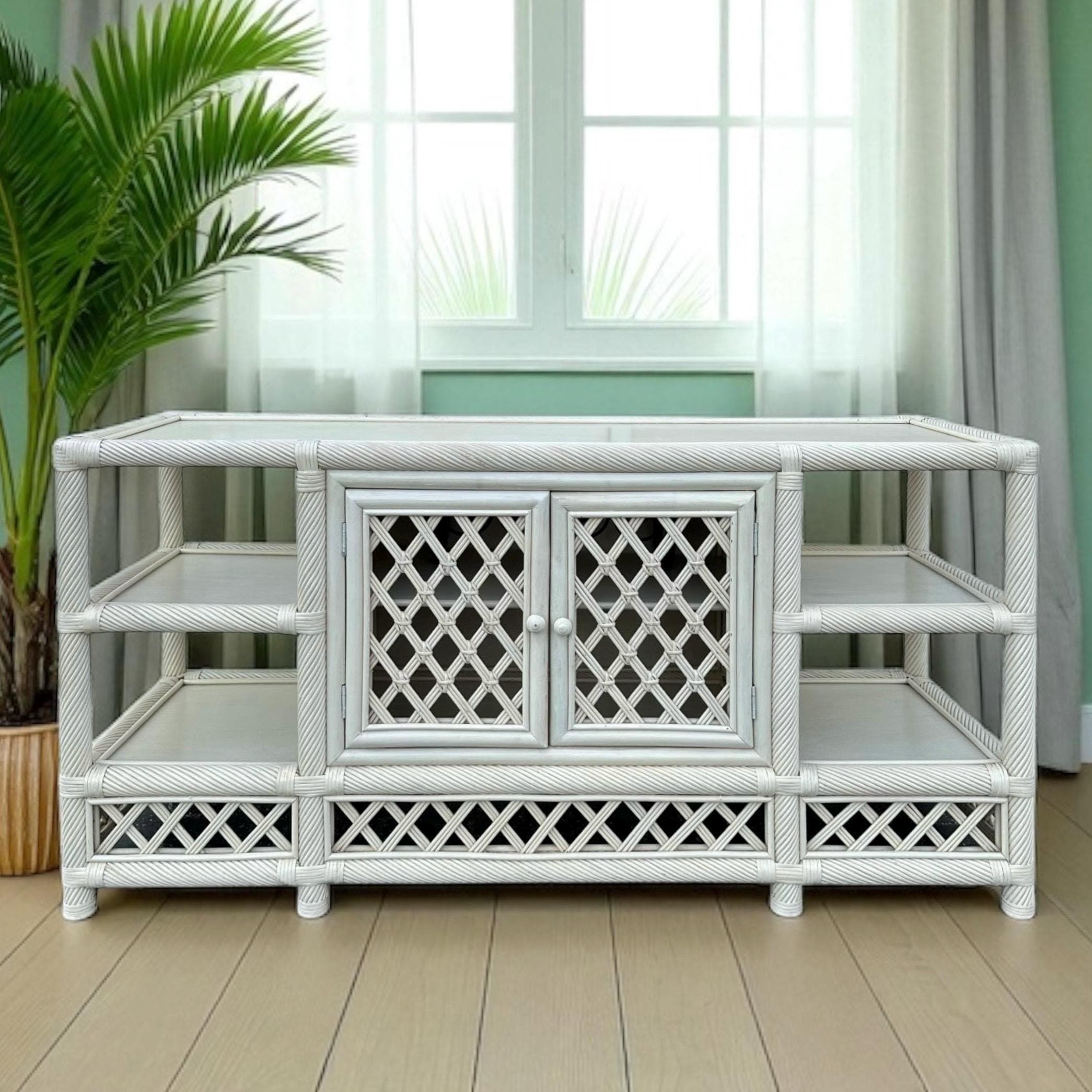 White Rattan Sideboard 60” - Vintage Woven Lattice Twisted Rope Media Center Console Hollywood Regency Coastal Wood Buffet Cabinet TV Table - Image 1