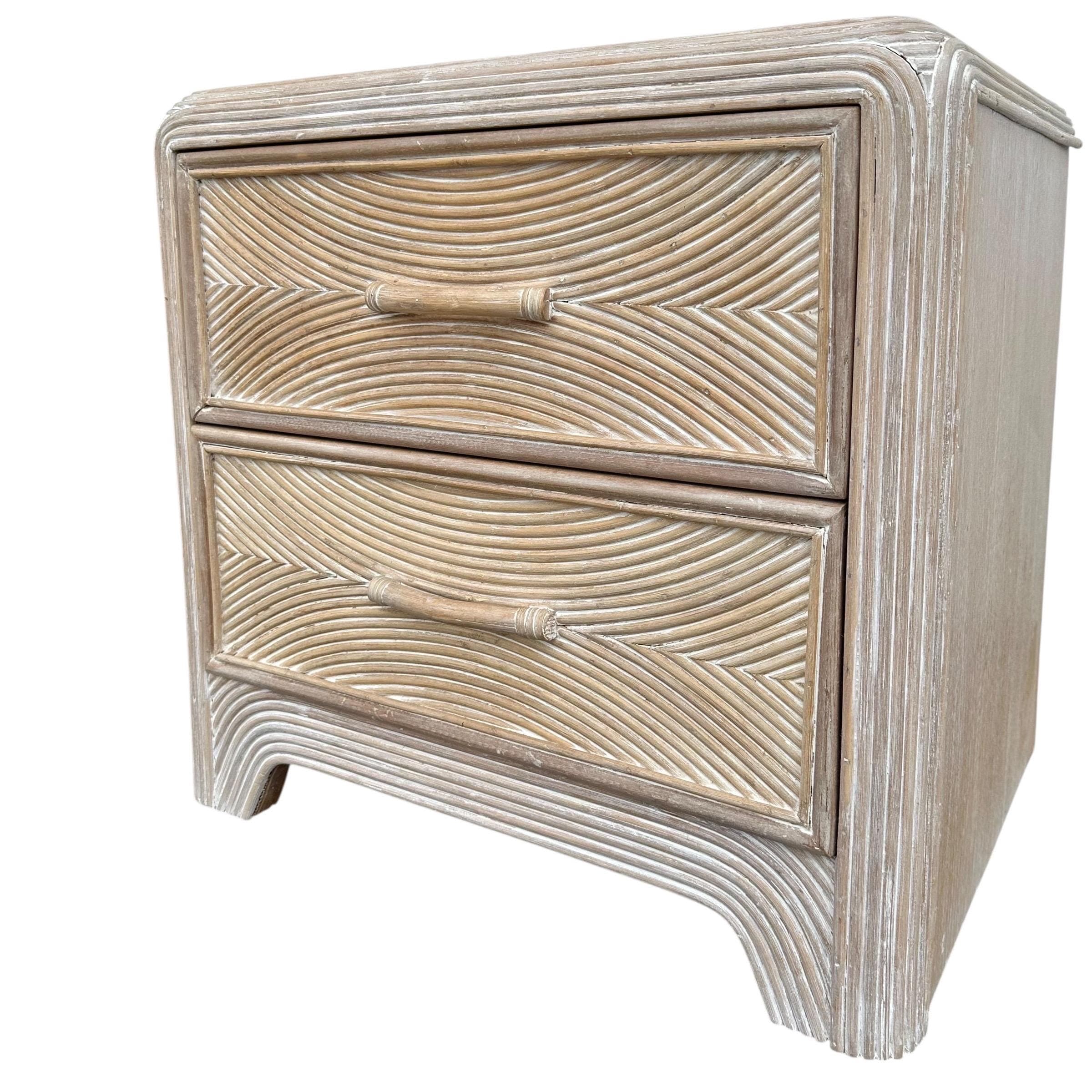 Set of 2 Pencil Reed Nightstands FREE SHIPPING - Vintage Split Rattan White Wash Wood Waterfall Hollywood Regency Coastal Tables Pair - Thumbnail 8