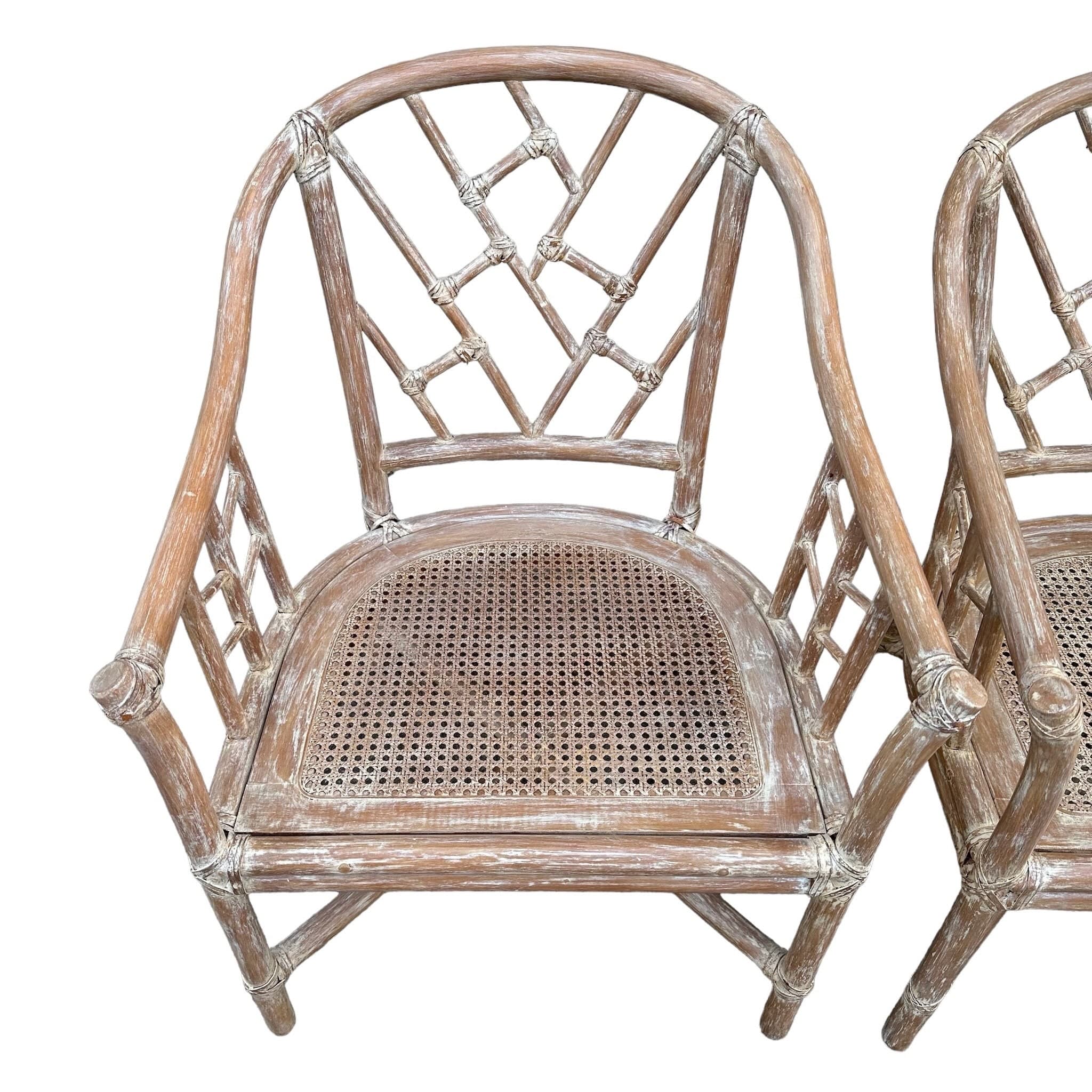 Set of 4 Rattan Arm Chairs with Chinese Chippendale Backs & Cane Seats - Vintage Chinoiserie White Wash Faux Bamboo Wood Hollywood Regency - Thumbnail 2
