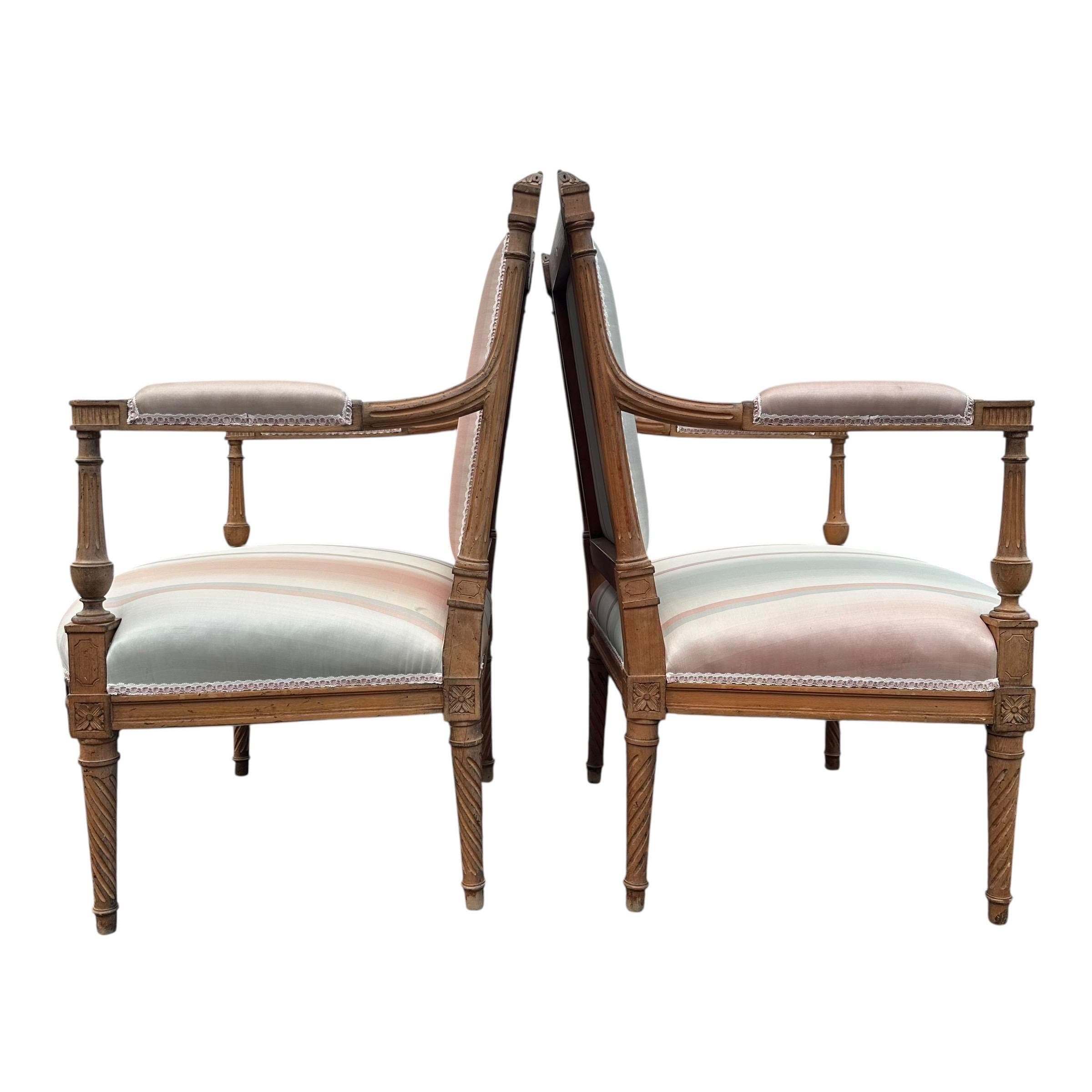 Louis XVI Style Armchairs: Vintage Carved Wood, Striped Upholstery - Set of 2 - Thumbnail 8