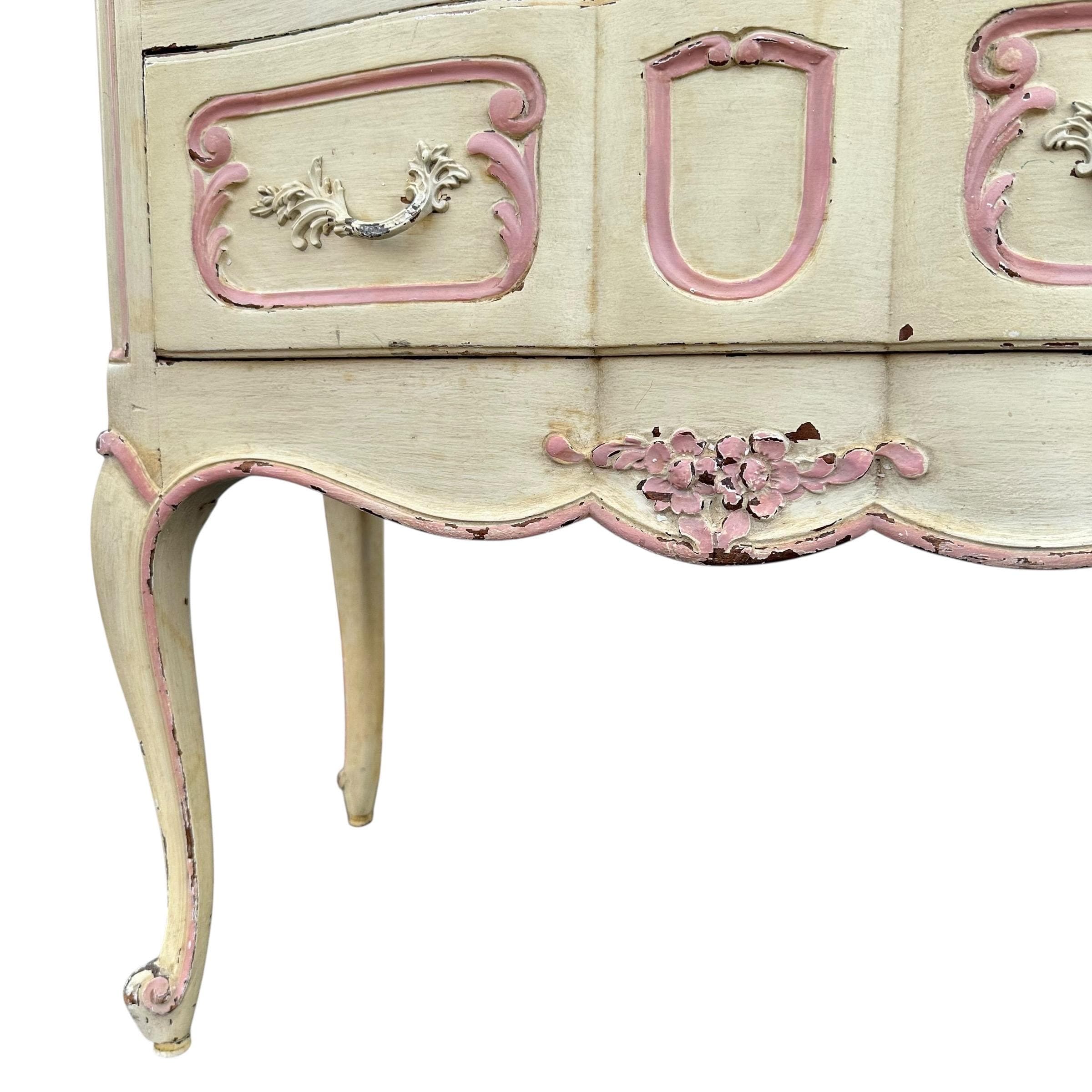 Vintage Romantic Nightstand - Distressed Pink & Creamy White Louis XV Wood Commode - French Provincial Shabby Chic Chest with Cabriole Legs - Thumbnail 7