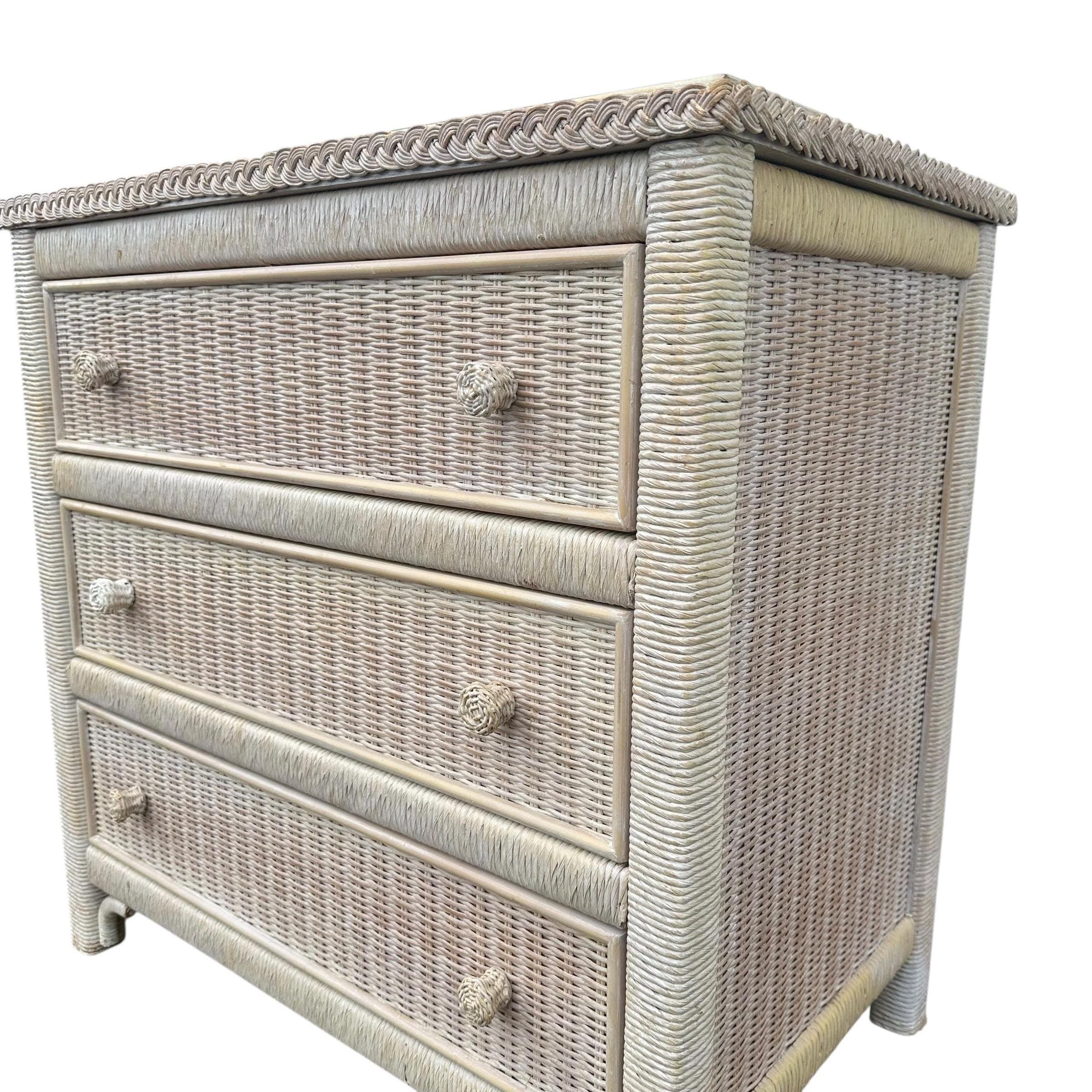 SOLD Natural Wicker Nightstand Chest by Henry Link 30” Tall - Vintage Coastal Rattan Boho Chic 3 Drawer Dresser & Glass Table Top - Thumbnail 3