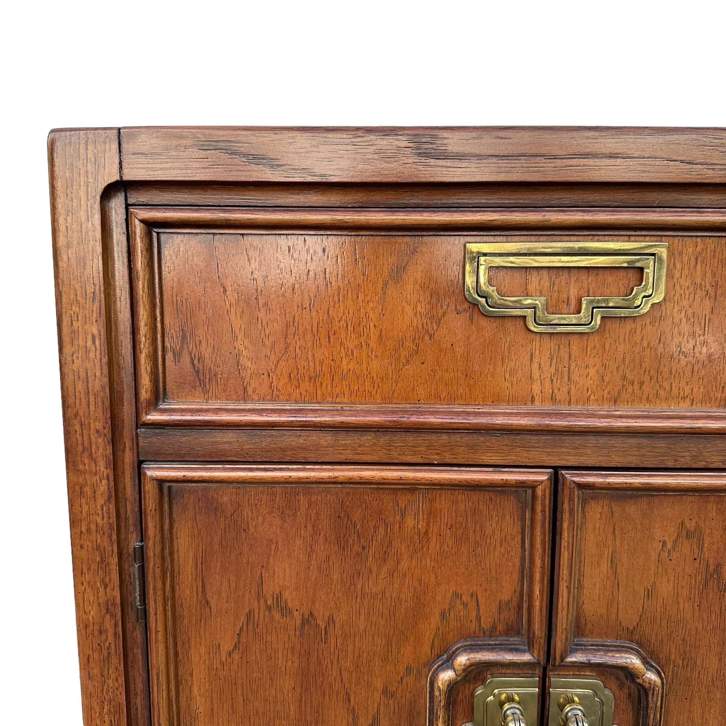 Vintage Chinoiserie Cabinet by Thomasville Mystique 44W 30H - Pecan Wood & Gold Brass Asian Accent Buffet Server Sideboard Table Nightstand - Thumbnail 7