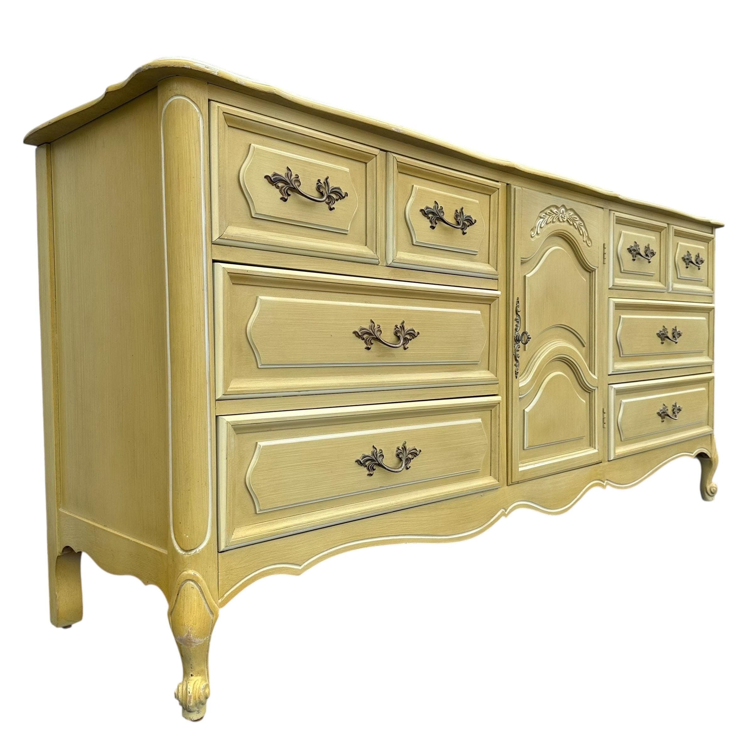 Henry Link French Provincial Dresser 69” Long - 1970s Vintage Golden Green & White Credenza with 9 Drawers Romantic Cottage Shabby Chic - Thumbnail 10