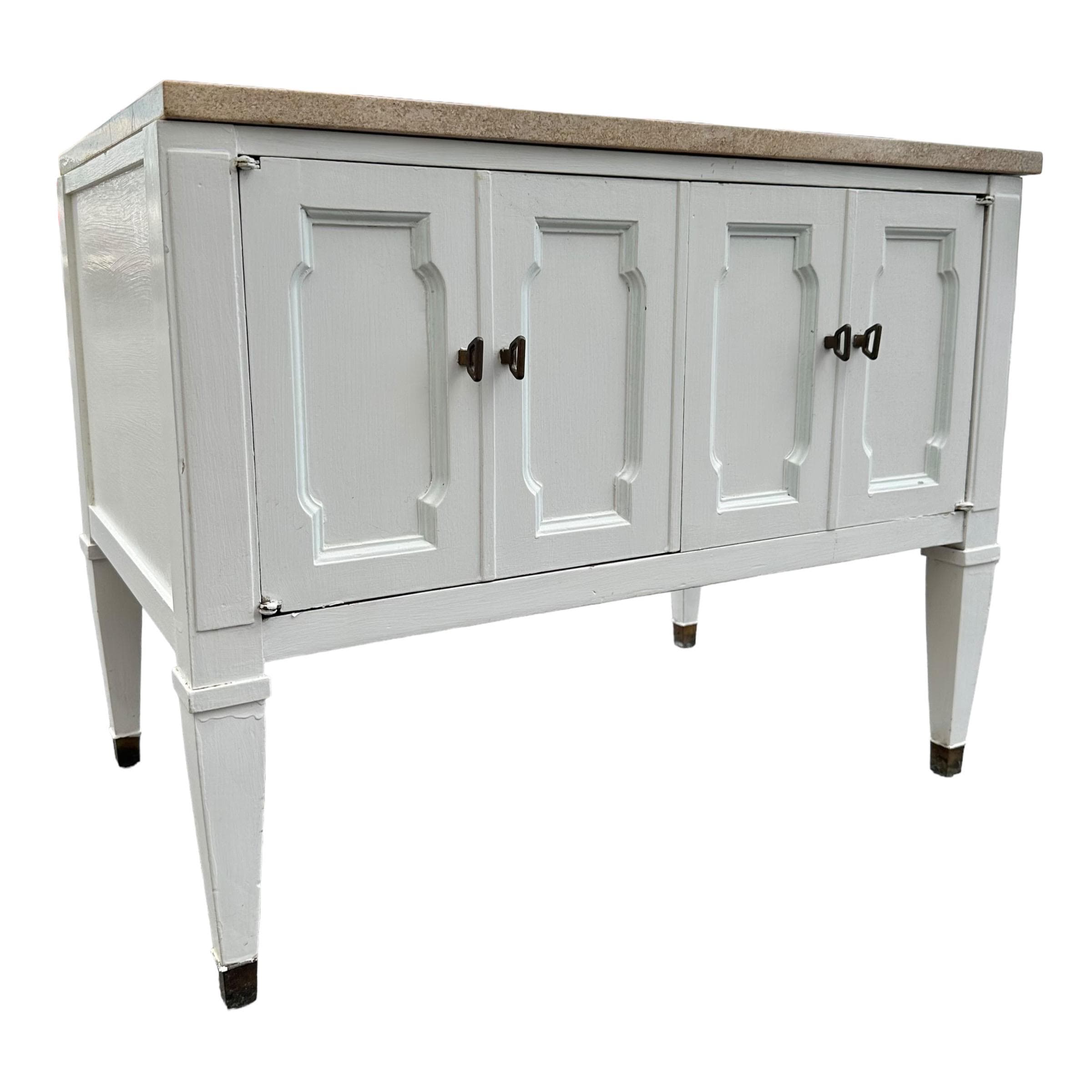 White End Table with Terrazzo Stone Top 28x18x22”H - Vintage Commode Nightstand or Accent Storage Cabinet in French Country Style - Thumbnail 6