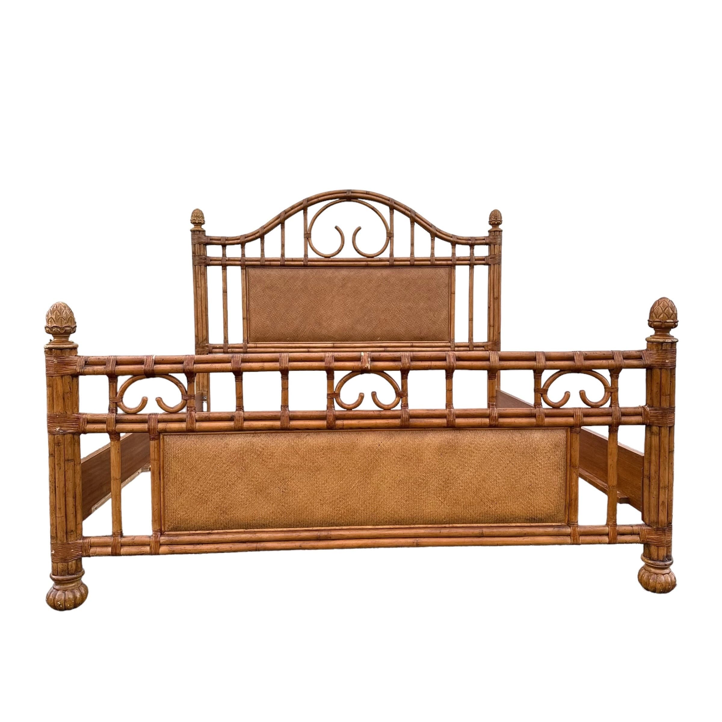 Bamboo King Bed with Rattan Post Headboard & Footboard 71" Tall - Coastal Wicker Carved Wood Artichoke Finials Tommy Bahama Style Furniture - Image 1