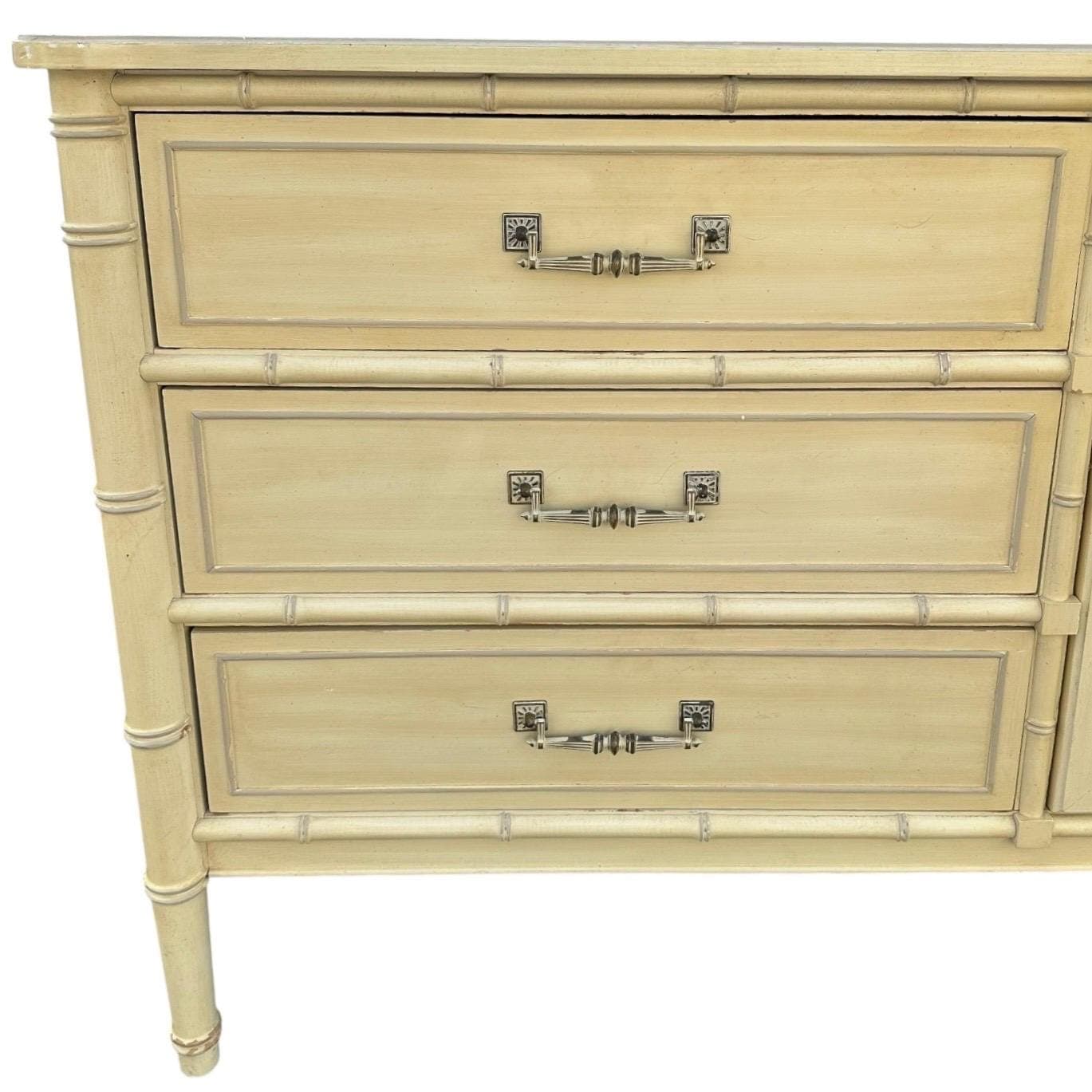 Faux Bamboo Dresser by Henry Link Bali Hai 70" Long Vintage Creamy White Shutter Louver Door Hollywood Regency Coastal 9 Drawer Credenza - Thumbnail 2