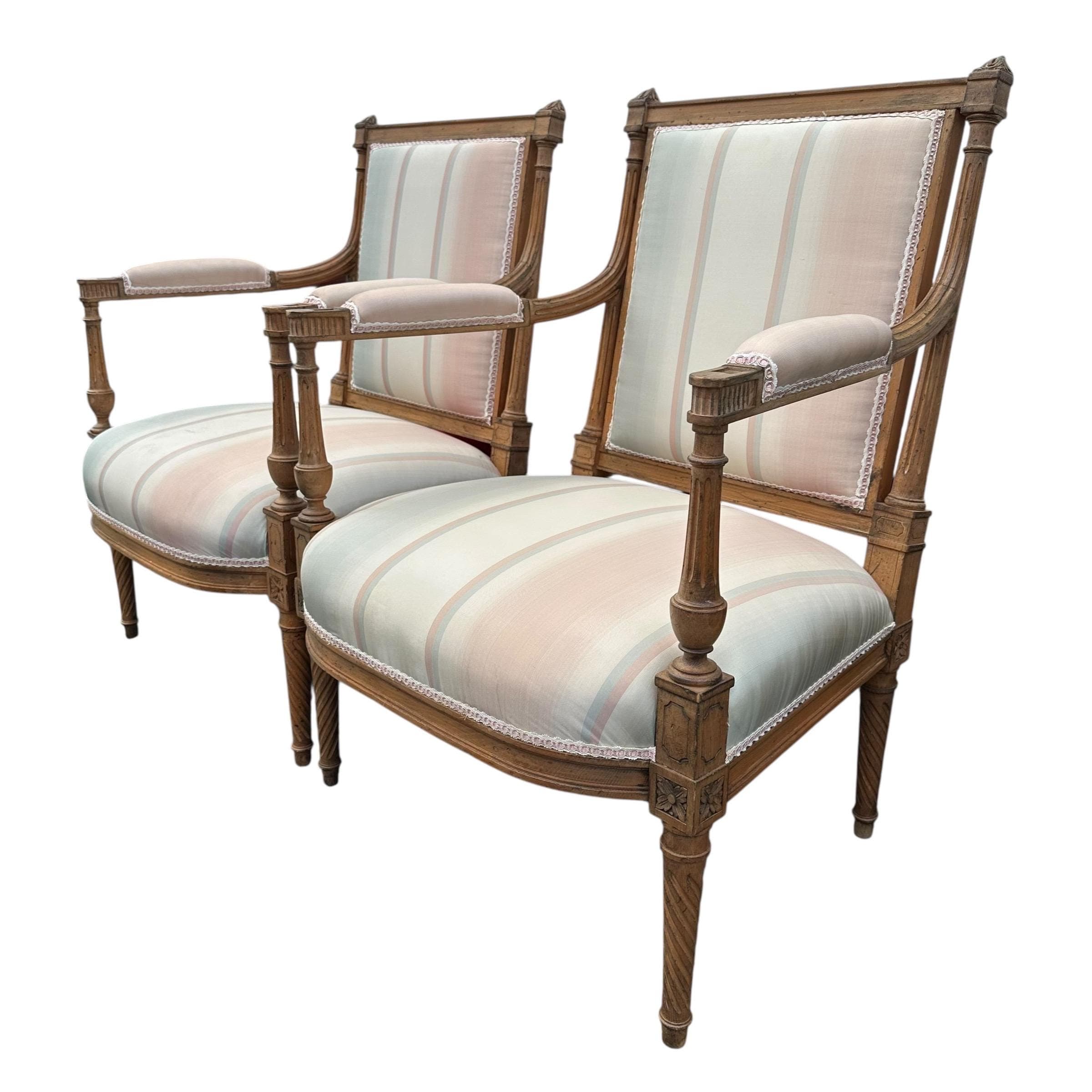 Louis XVI Style Armchairs: Vintage Carved Wood, Striped Upholstery - Set of 2 - Thumbnail 10