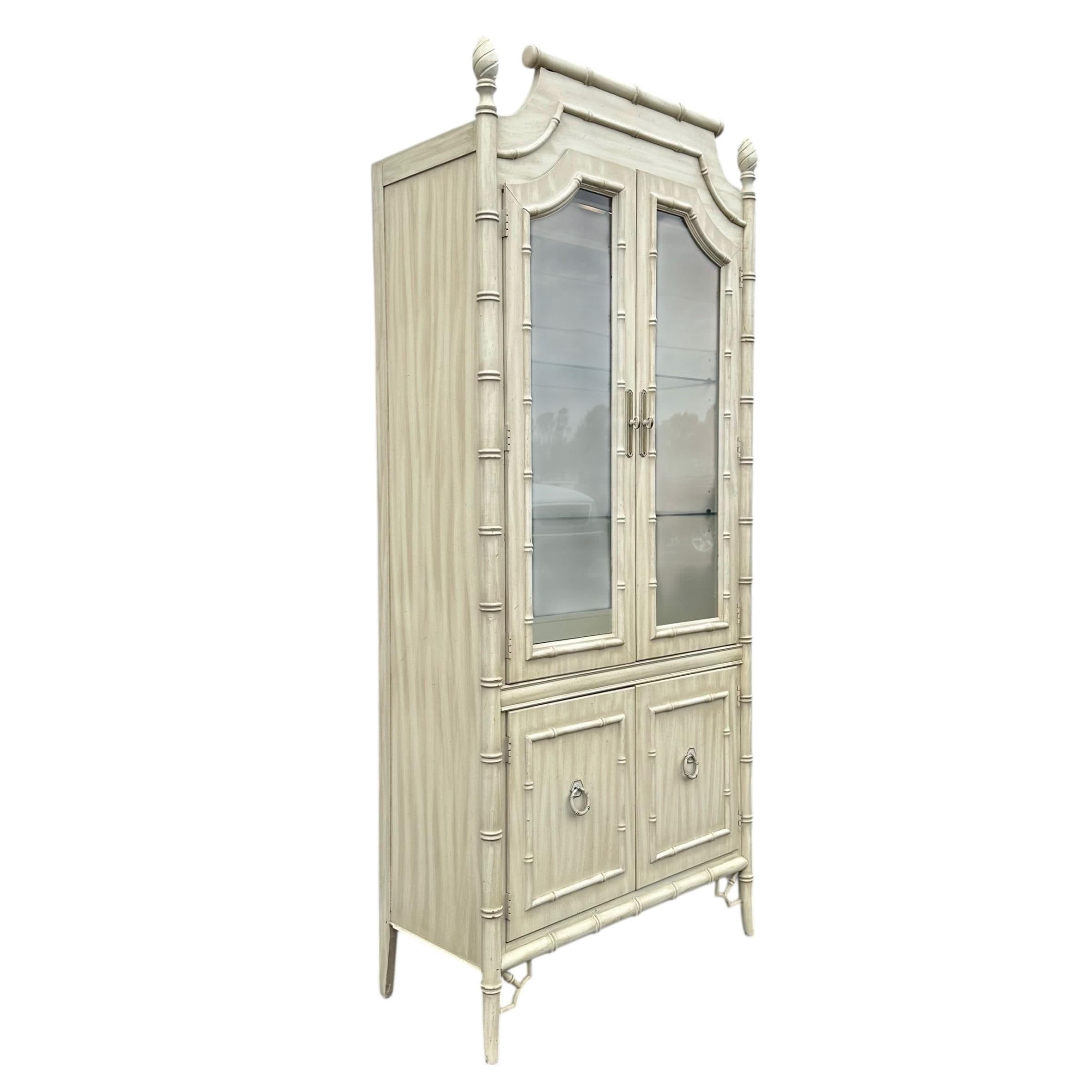 Faux Bamboo China Cabinet by Thomasville Allegro - 1970s Vintage Illuminated White Wash Chinoiserie Hollywood Regency Coastal Display - Thumbnail 2
