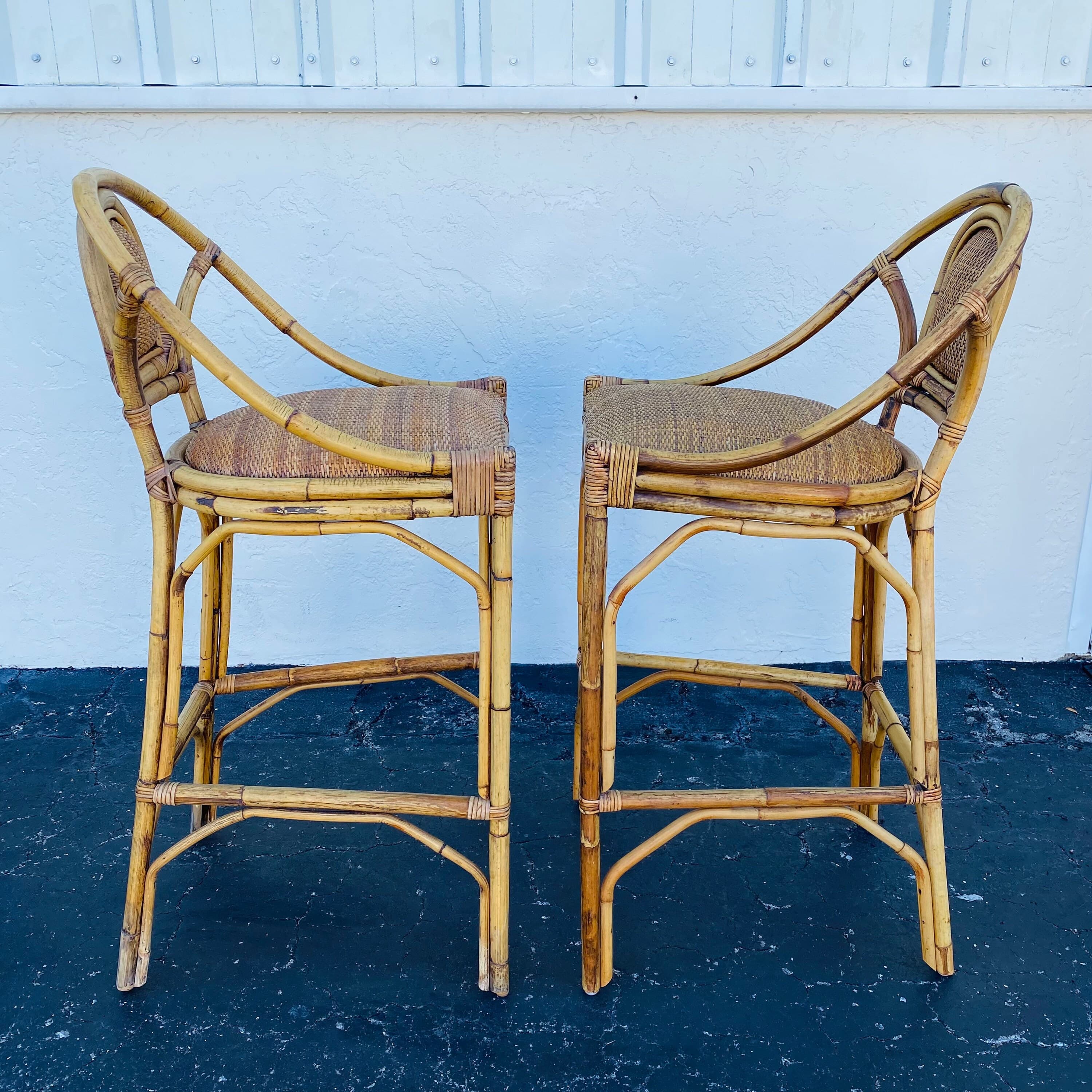 SOLD Set of 2 Vintage Rattan Barstools - Coastal Boho Chic Natural Bamboo Bentwood Wicker Chairs - Thumbnail 5