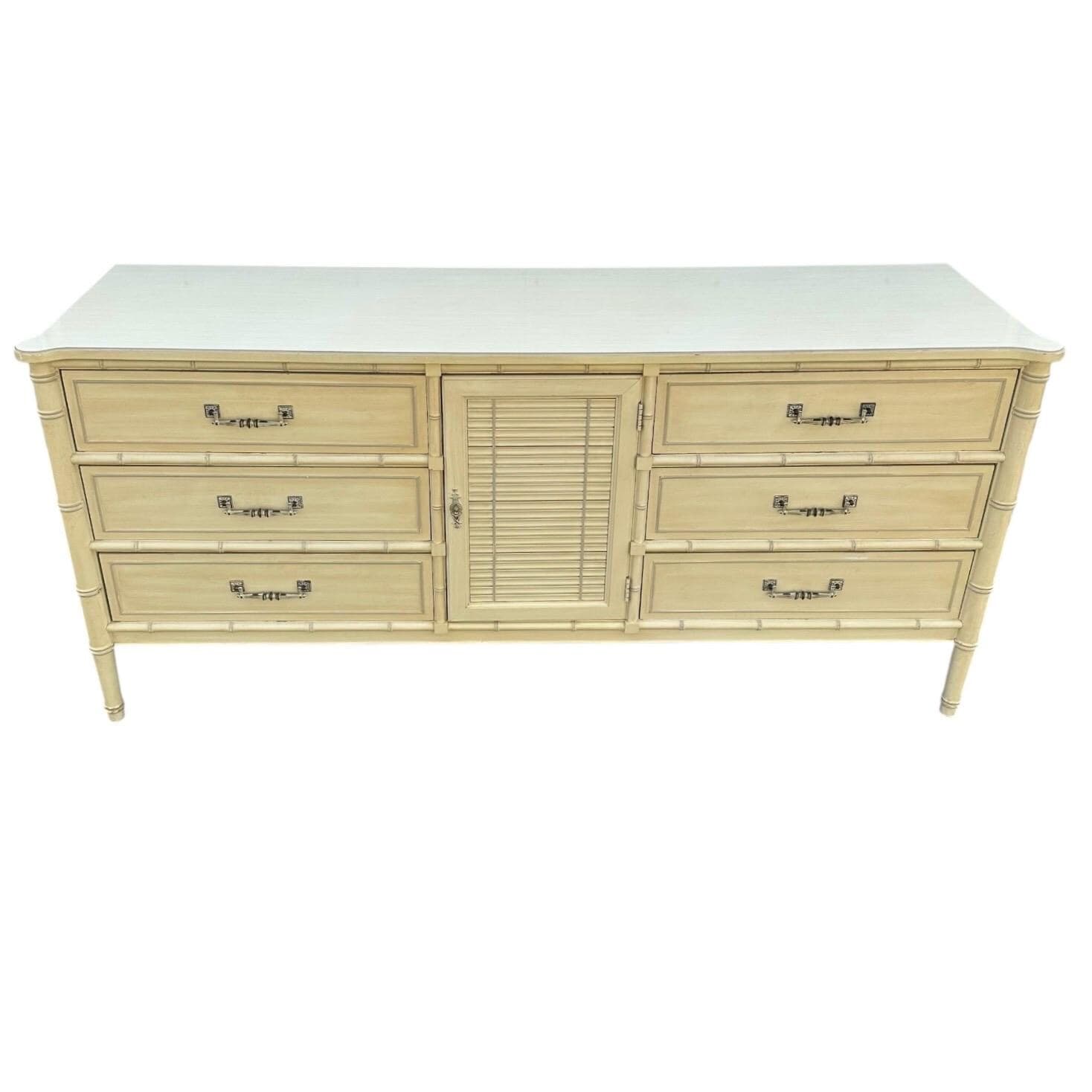 Faux Bamboo Dresser by Henry Link Bali Hai 70" Long Vintage Creamy White Shutter Louver Door Hollywood Regency Coastal 9 Drawer Credenza - Thumbnail 10