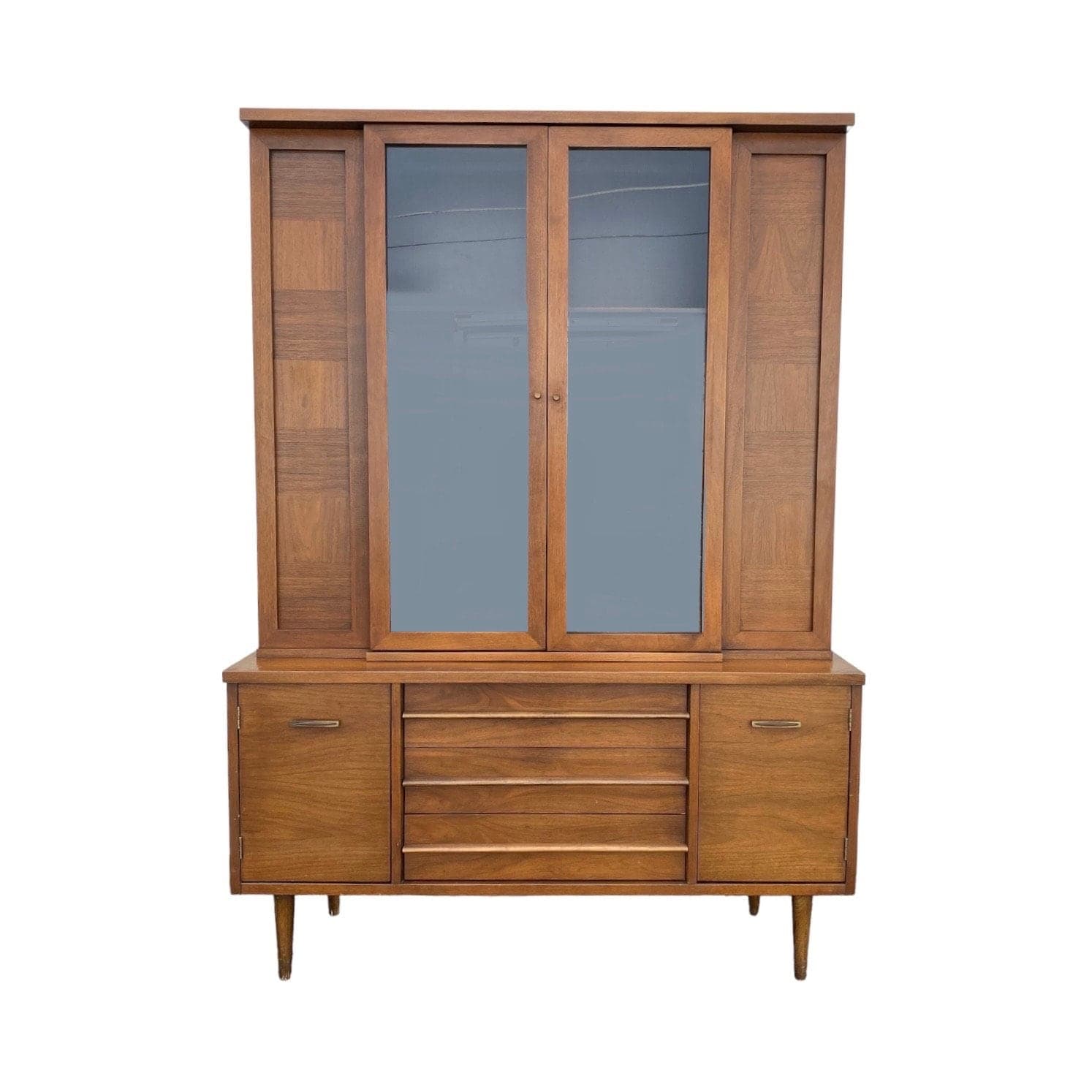 MidCentury Modern China Cabinet with Glass Display Wood Hutch and 3 Dovetailed Drawers - Vintage MCM Walnut Wooden Furniture - Image 1