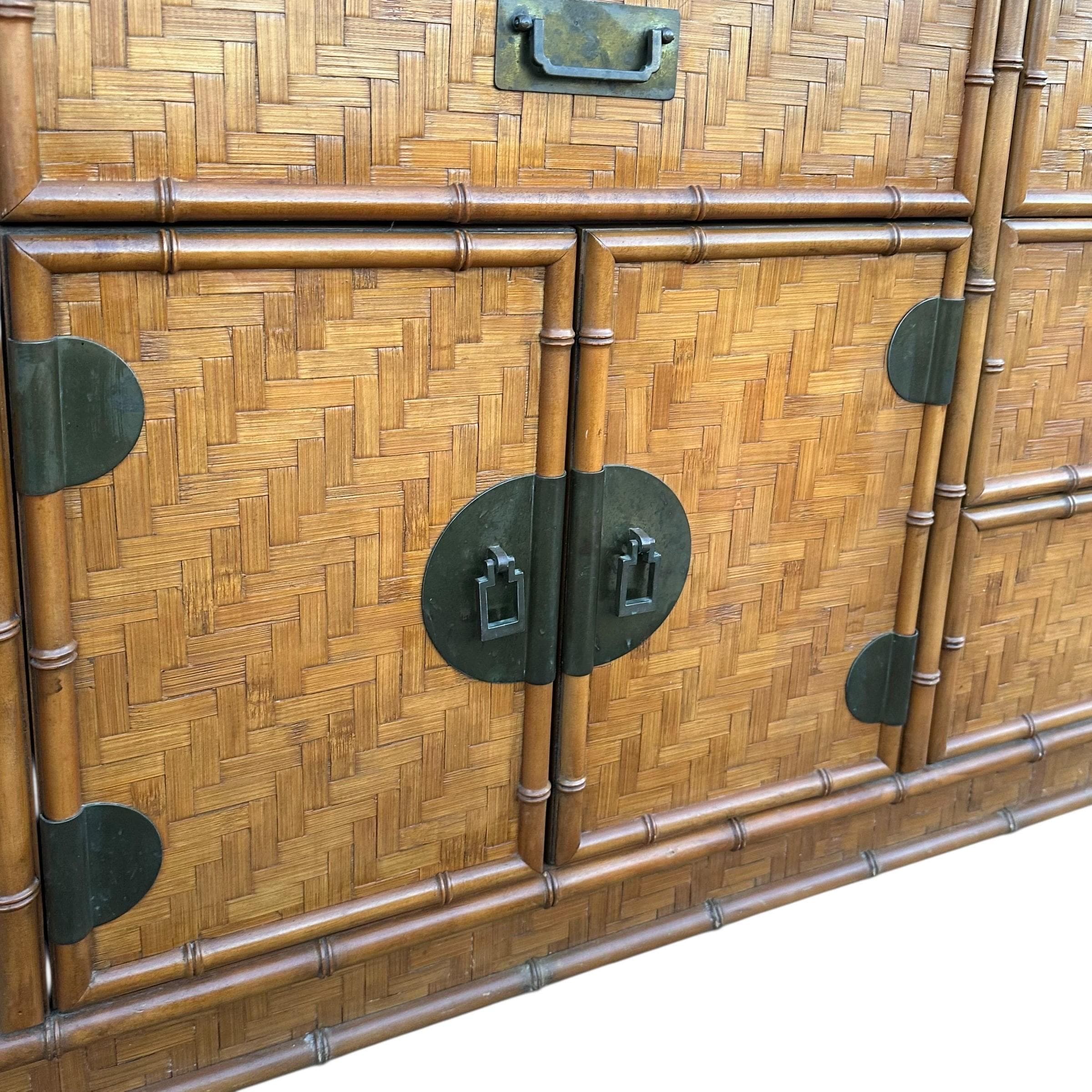 Rattan Dresser by Dixie with Faux Bamboo, Woven Herringbone Wicker & 9 Drawers - Vintage Campaign Hollywood Regency Coastal Style Furniture - Thumbnail 9