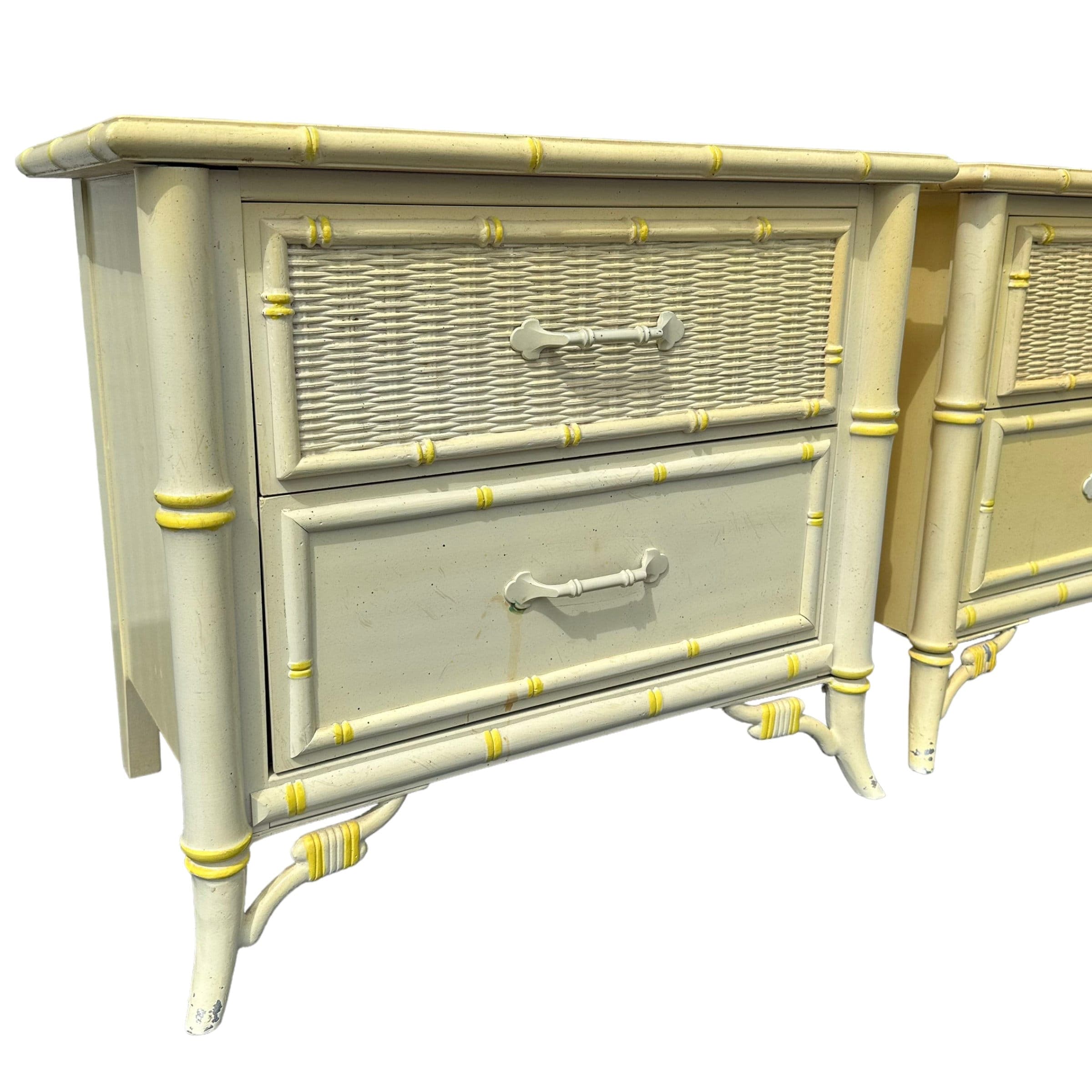 Set of 2 Hollywood Regency Nightstands by Stanley - 1970s Vintage Faux Bamboo & Rattan Wicker, Light Yellow, Chinoiserie Coastal End Tables - Thumbnail 2