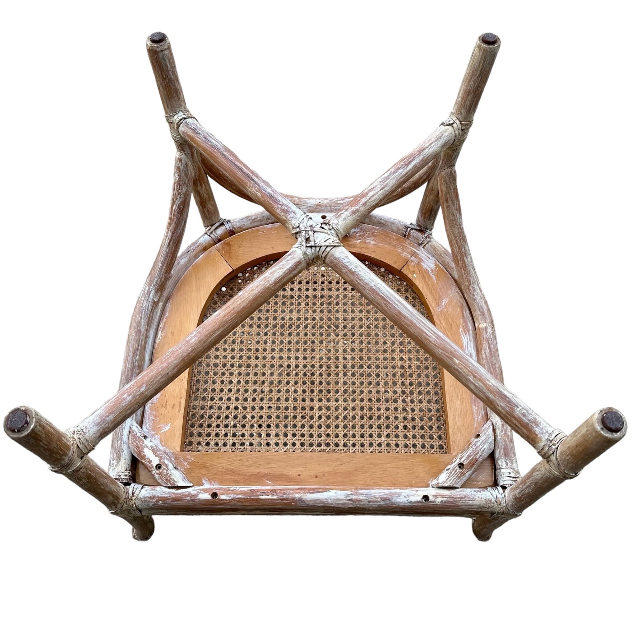 Set of 4 Rattan Arm Chairs with Chinese Chippendale Backs & Cane Seats - Vintage Chinoiserie White Wash Faux Bamboo Wood Hollywood Regency - Thumbnail 6