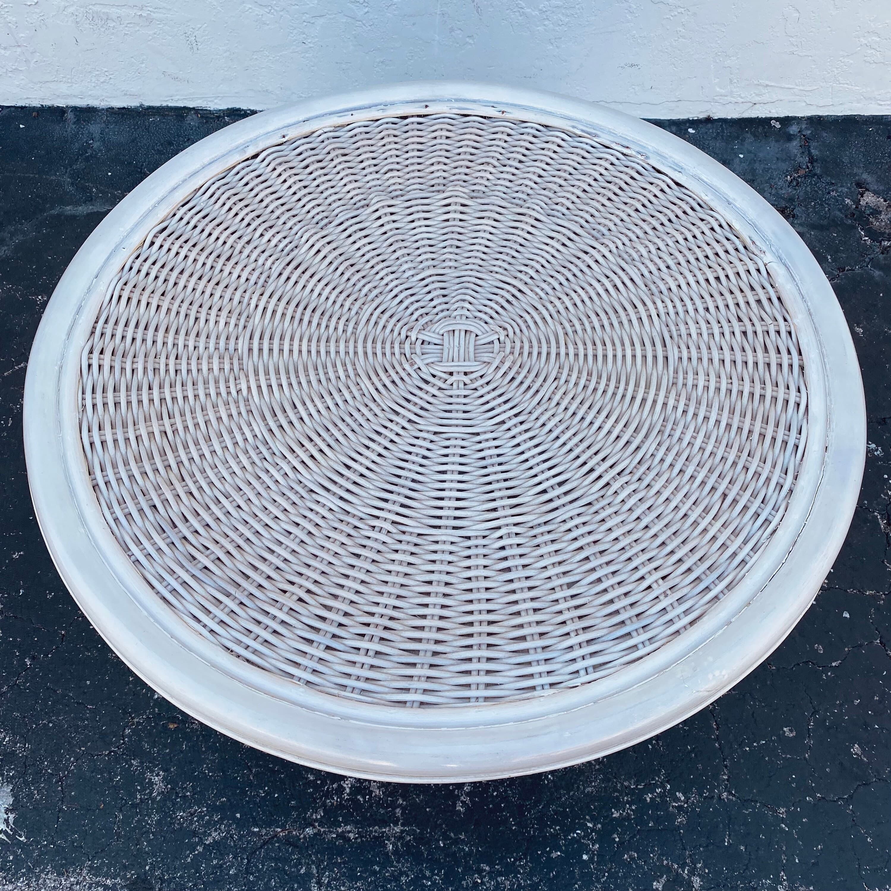 Round Rattan End Table with Glass Top 30W 21H - Vintage White Wash Pedestal Wicker Base Side or Accent Table Coastal Boho Chic Furniture - Thumbnail 6